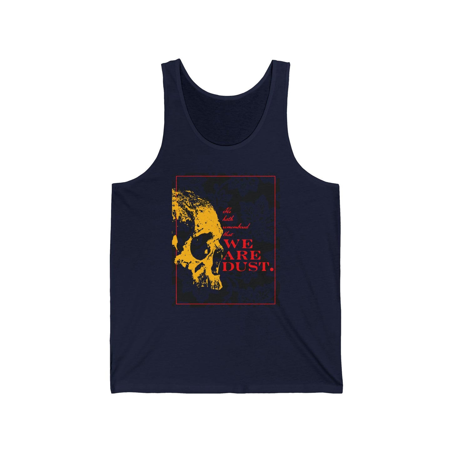 Navy tank top featuring a yellow skull on a blue floral background with red "We Are Dust" text. Gothic Orthodox Christian style, inspired by Ps. 102/103 LXX. Memento Mori design.