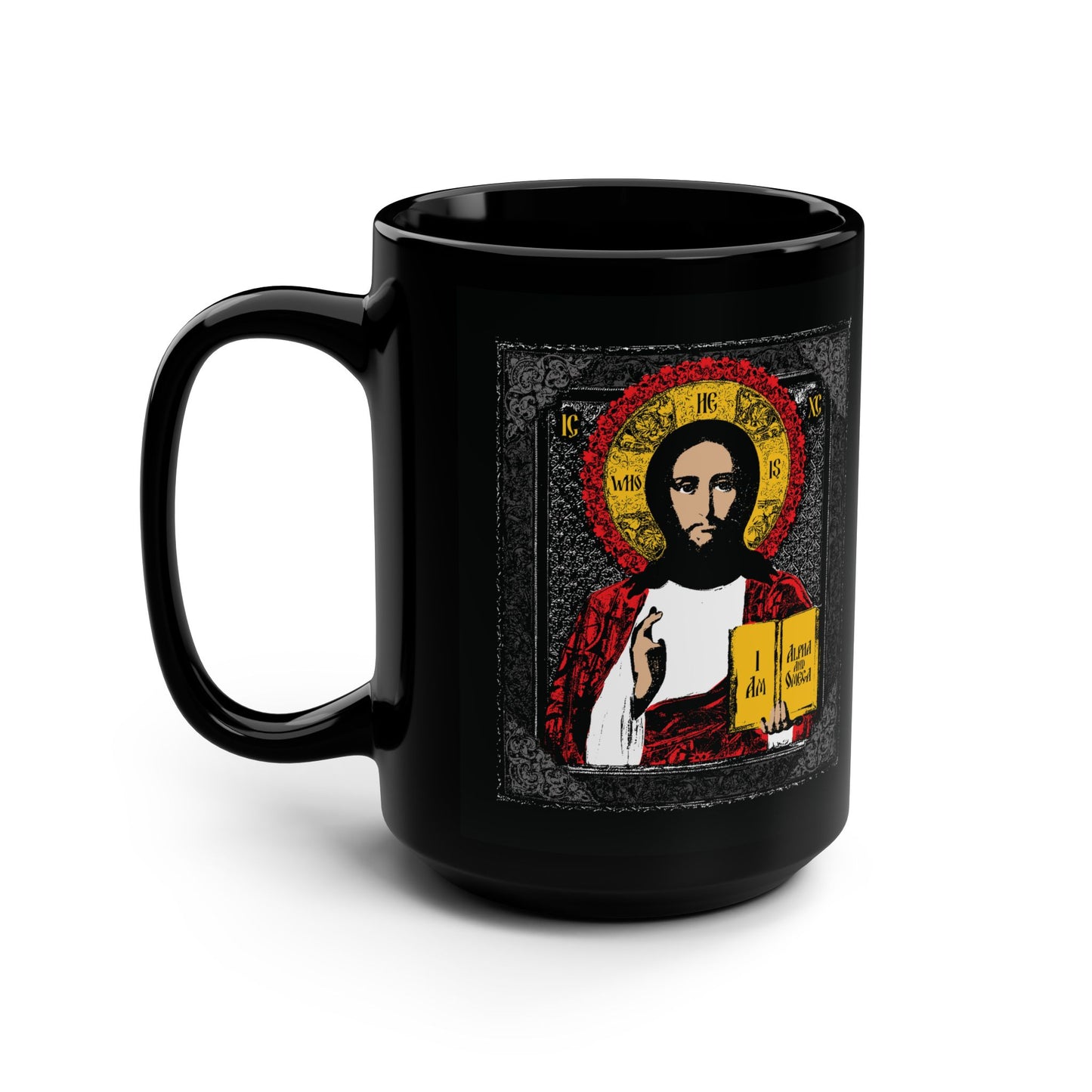 Black mug with Christ Pantocrator iconographic design, featuring "He-Who-Is" and "I Am the Alpha and Omega"—an ancient Orthodox Christian graphic inspired by traditional religious icons.