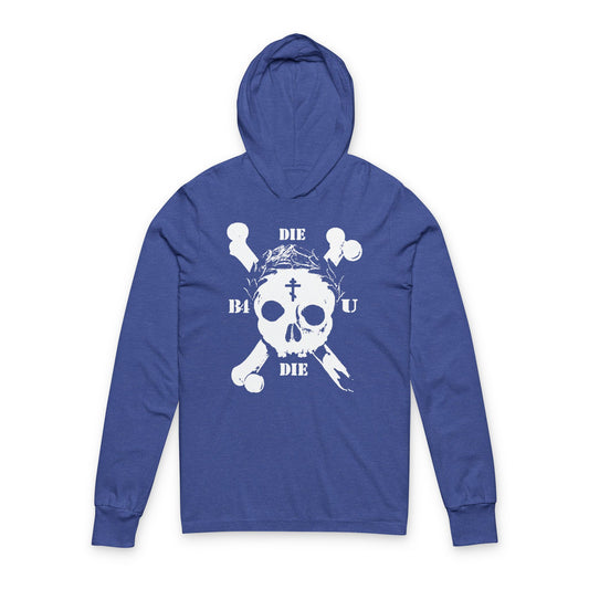 Heather True Royal hooded shirt features a retro skull & crossbones, Orthodox cross, laurel victory wreath, and "Die Before You Die"—a memento mori for ascetic Christians inspired by Matthew 16:24-25.