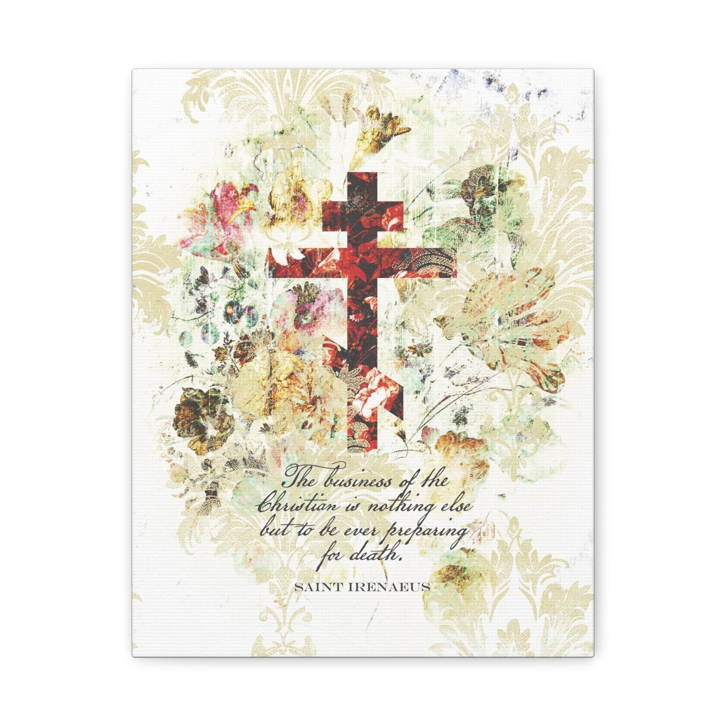 Preparing For Death | White & Beige Floral Scrapbook Texture Cross | Arts & Crafts Style | St Irenaeus | Orthodox Christian Canvas Art
