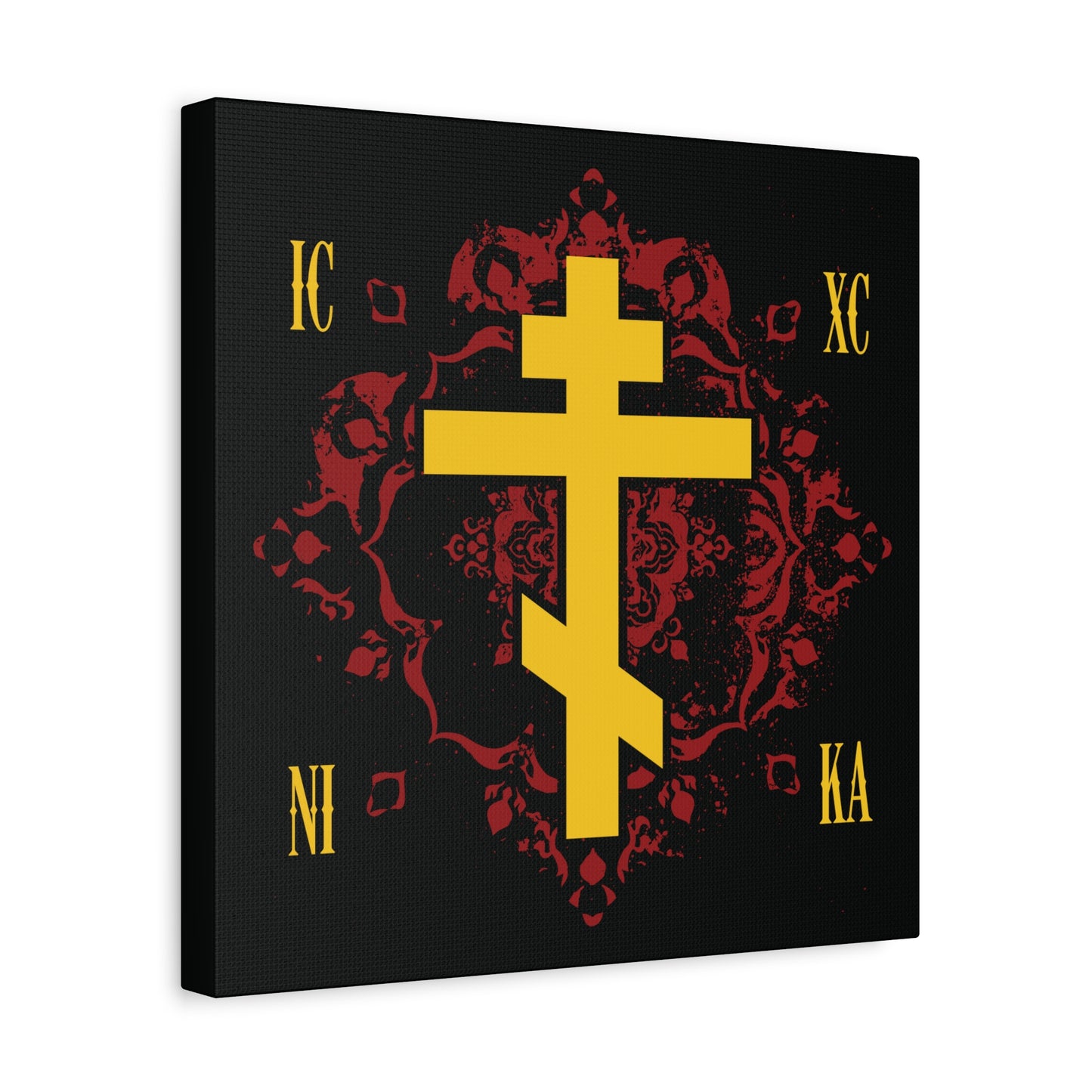 The "ICXC NIKA Yellow Russian Cross on Ornate Red Background" canvas art features a gold Orthodox cross with IC XC NI KA, symbolizing Christ's victory, inspired by Orthodox tradition and Jesus Christ Conquers.