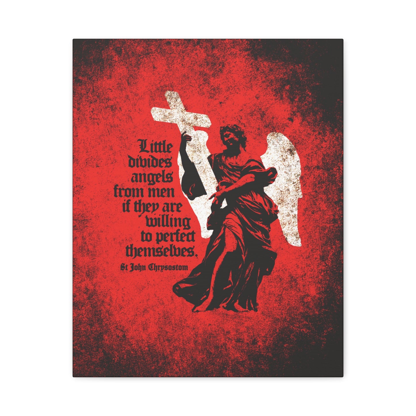 The "Little Divides Angels from Men" canvas art features a textured cemetery angel with a cross on a red background and a St. John Chrysostom quote, inspiring Christian perfection in Orthodox faith.