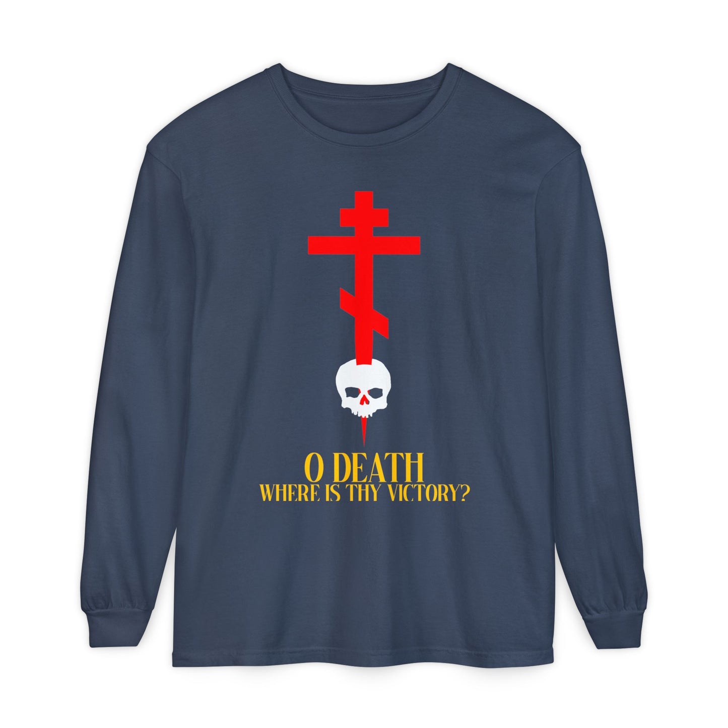 Midnight long-sleeve shirt featuring a red Orthodox cross stabbing a skull, bold yellow 1 Corinthians 15:55 text: “O Death Where is Thy Victory?”—an Orthodox Christian reminder of Resurrection and salvation.