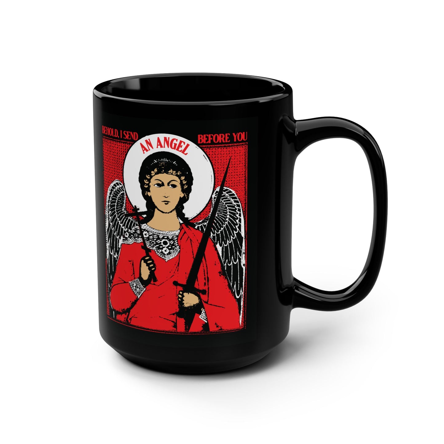 Behold I Send an Angel Before You (Ex 23:20) | Guardian Angel With Cross & Sword IconoGraphic | Orthodox Christian Black Mug