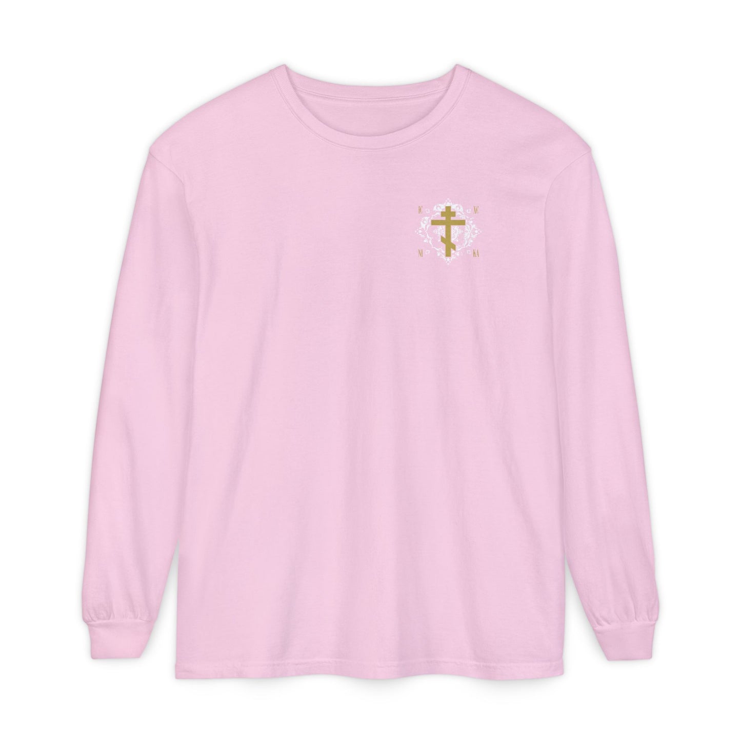 Gold Orthodox Cross ICXC NIKA  (Small Design) | White Medieval Ornate Floral Pattern | Jesus Christ Conquers | Christian Long Sleeve