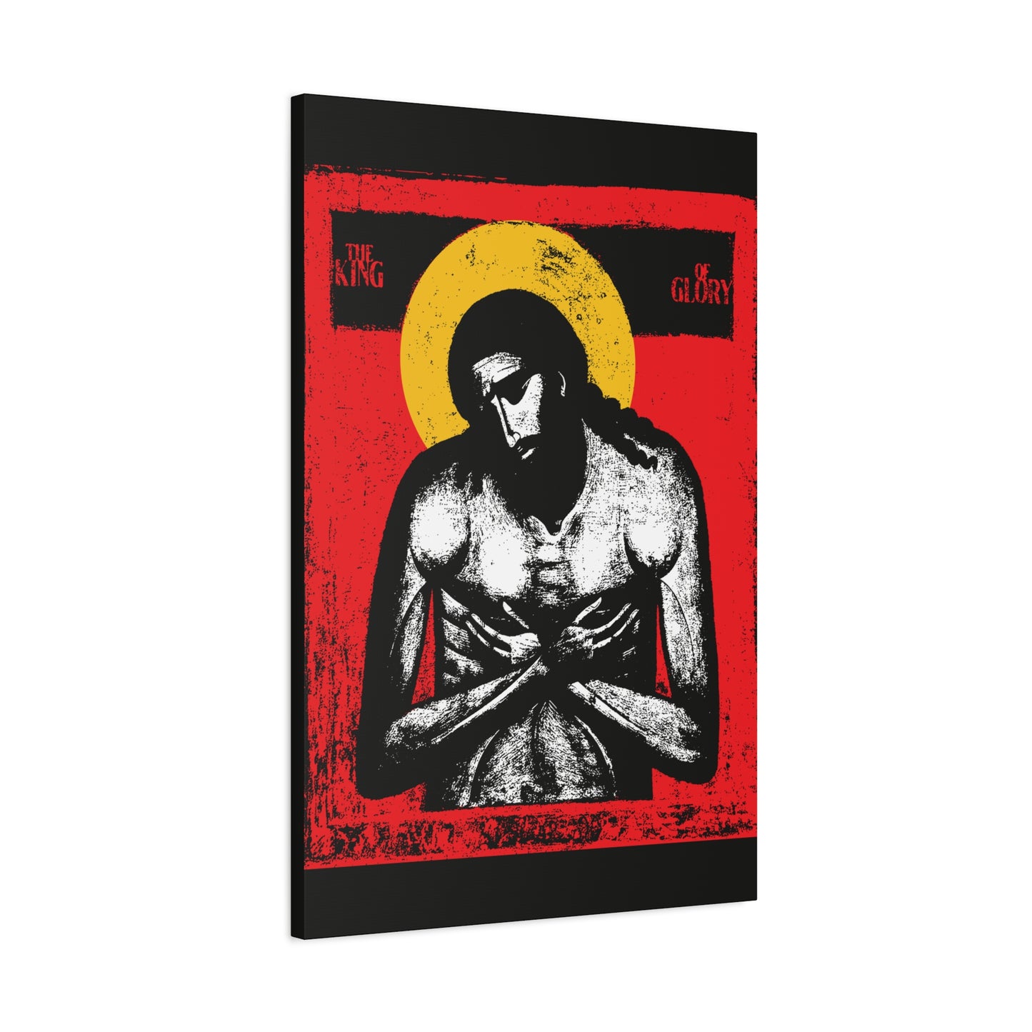 The King of Glory Jesus Christ "Extreme Humility" IconoGraphic—Christian wall art featuring a stylized image with red, yellow, white, and black, inspired by Isaiah 53 for devotional inspiration.