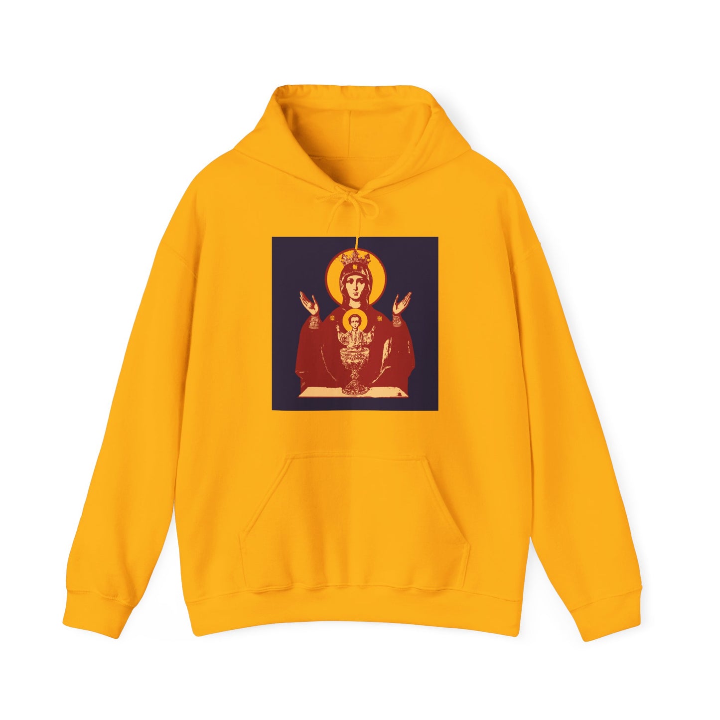 Gold Orthodox Christian hoodie featuring the Holy Theotokos IconoGraphic of the Inexhaustible Chalice—Deliverer from Addictions and Conqueror of Passions—printed on the front.