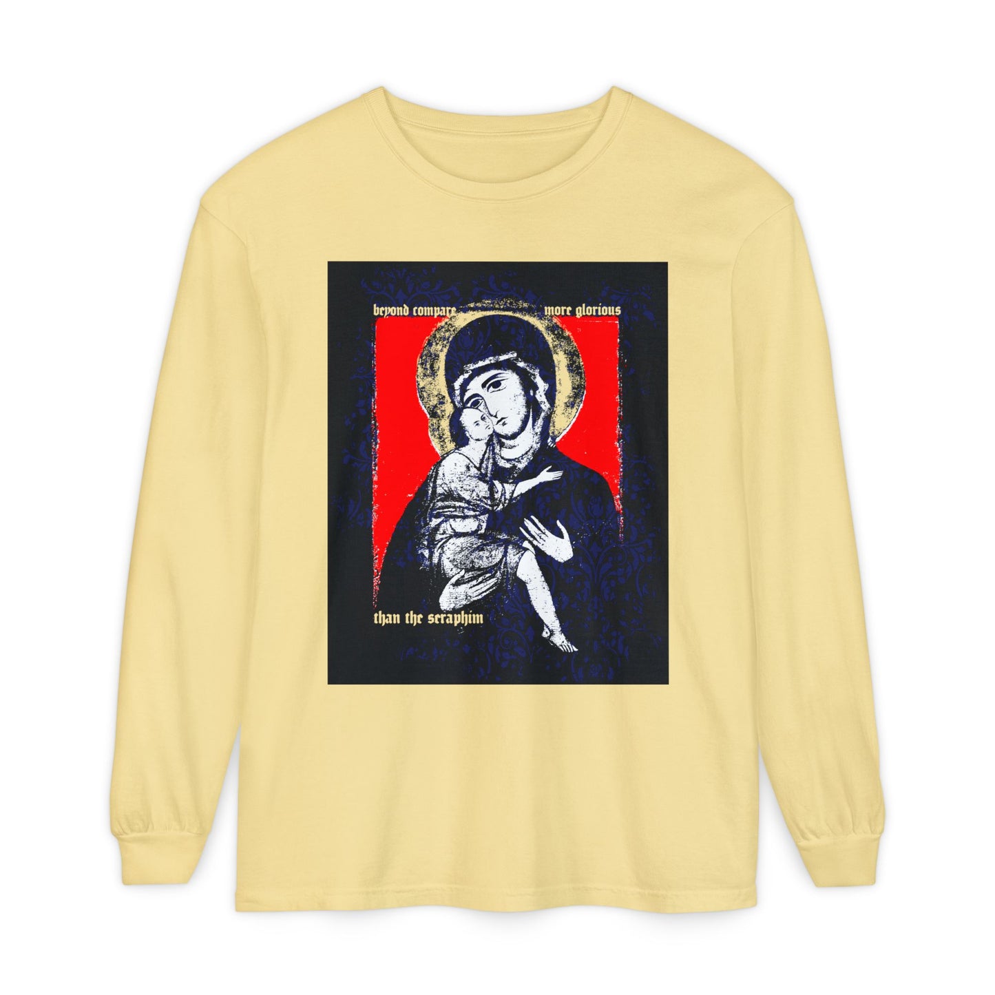 Beyond Compare More Glorious Than the Seraphim | Vladimir Theotokos Iconographic | Orthodox Christian Long Sleeve Shirt