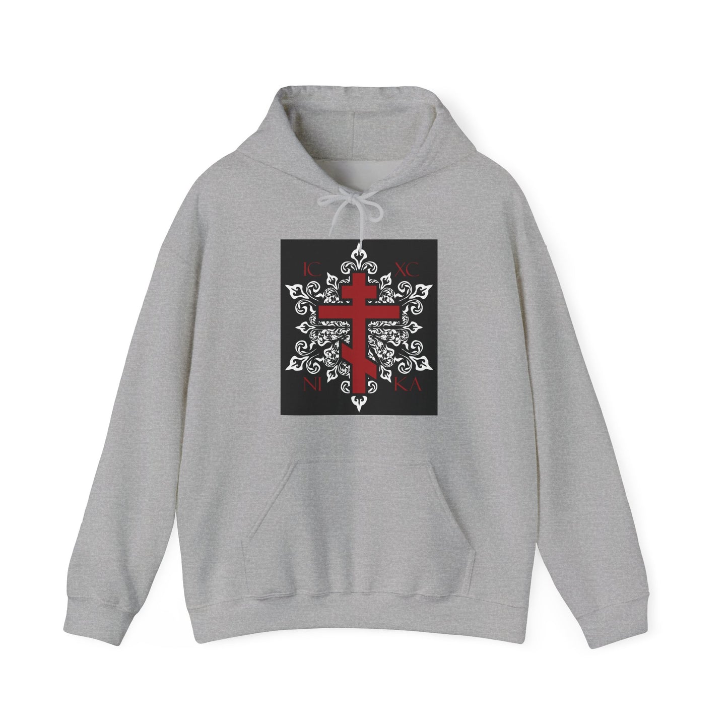 ICXC / NIKA Red Orthodox Cross on Ornate White Medieval Floral Design | Exclusive Best-Selling | Orthodox Christian Hoodie