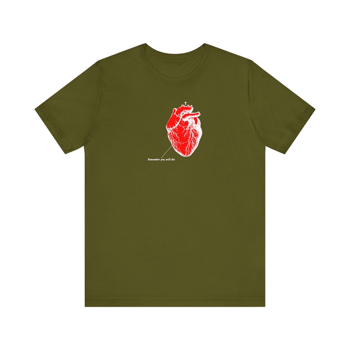 The olive Bella+Canvas 3001 T-shirt features a retro anatomical heart design titled Remember You Will Die with the words breathe for me.