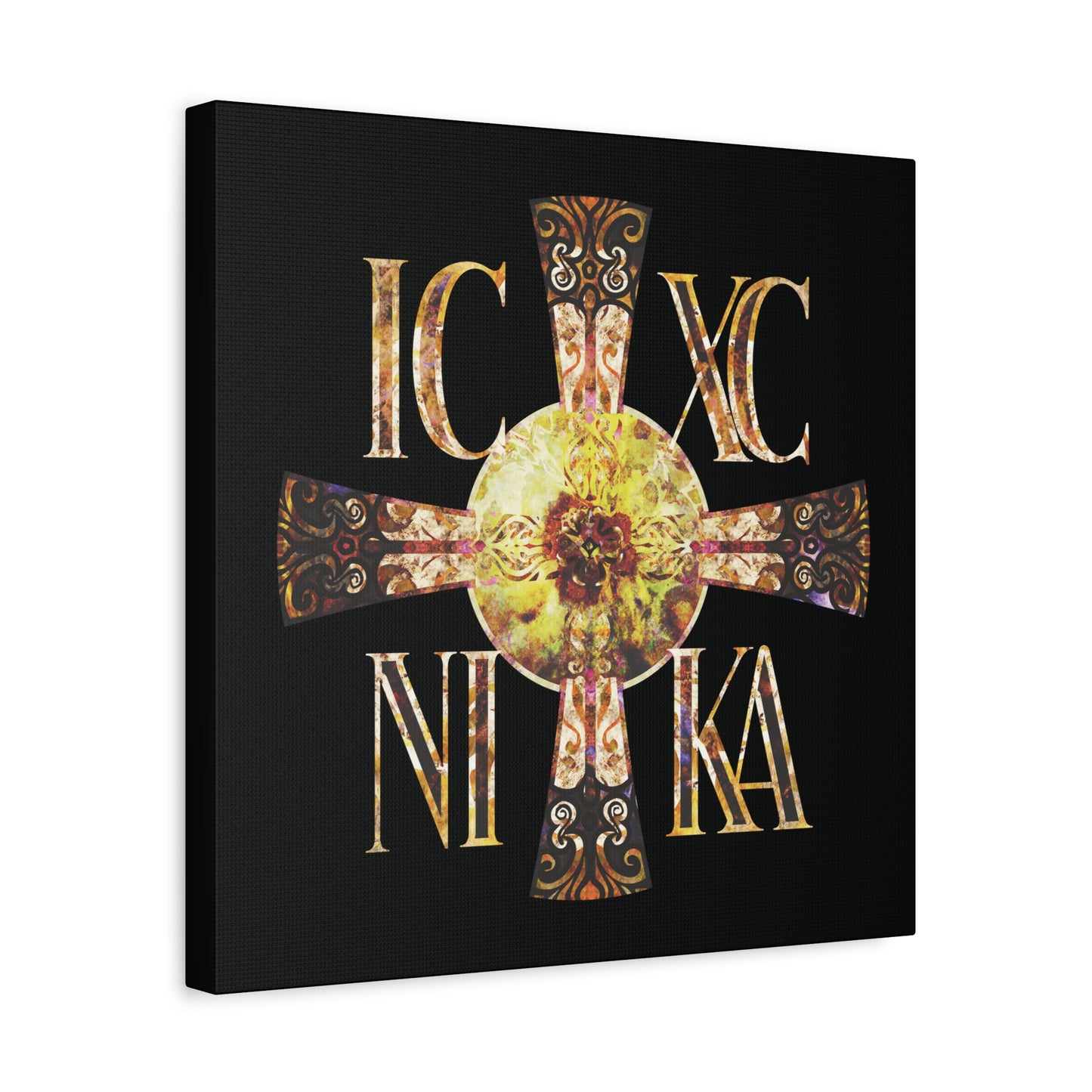 ICXC NIKA Celtic Style Equal Armed Cross | Bright Solar Texture | Orthodox Christian Canvas Art