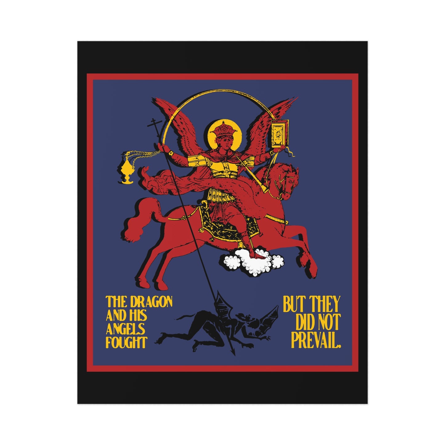 Archangel Michael of the Apocalypse IconoGraphic (Revelation 12:7-8) | Red Angel and Horse on Blue Background | Orthodox Christian Art Poster