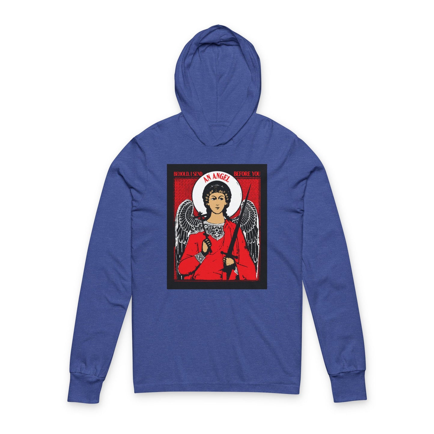 Behold I Send an Angel Before You (Ex 23:20) | Guardian Angel With Cross & Sword IconoGraphic | Orthodox Long Sleeve Hooded Shirt