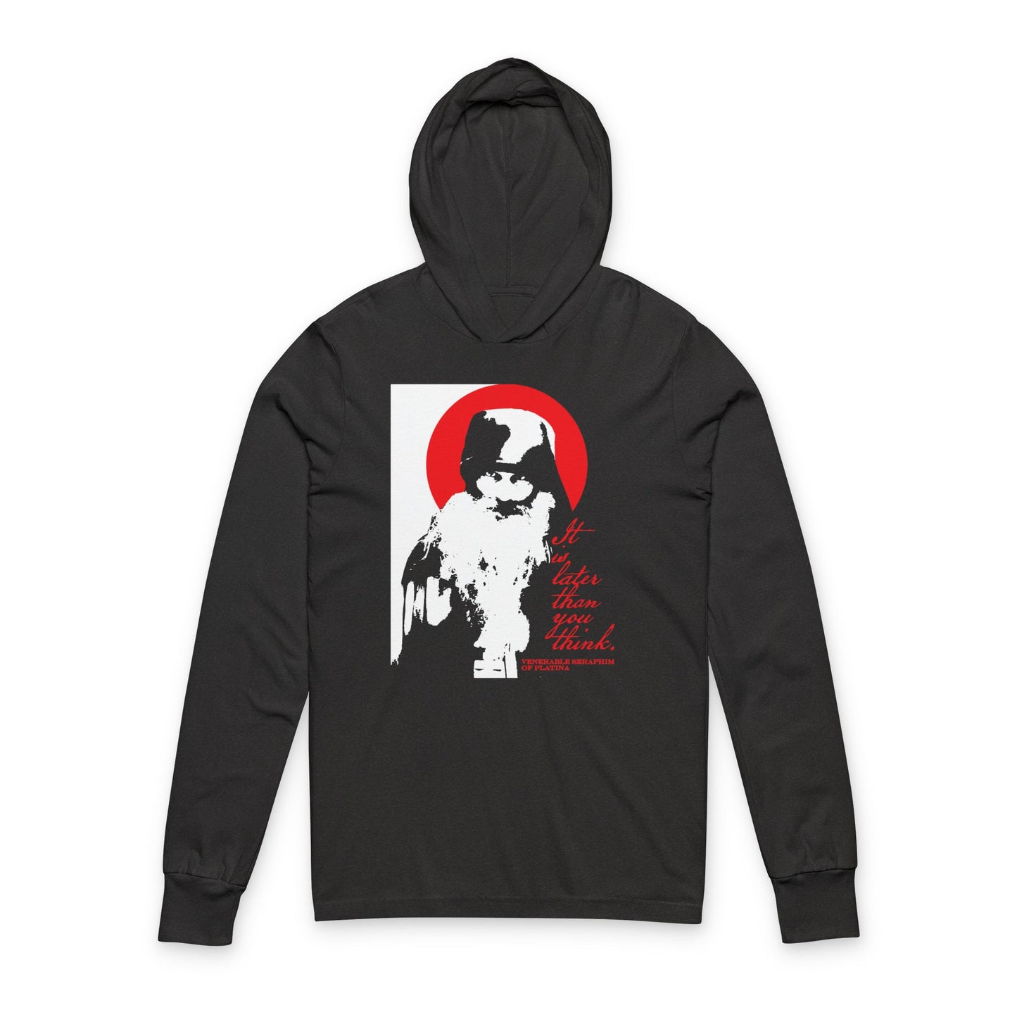 Remembrance of Death "It's Later Than You Think" hoodie features a grayscale image of Fr Seraphim Rose over a red circle, with bold red text: “It’s deeper than you think.” Inspired by Orthodox spiritual themes and Memento Mori.