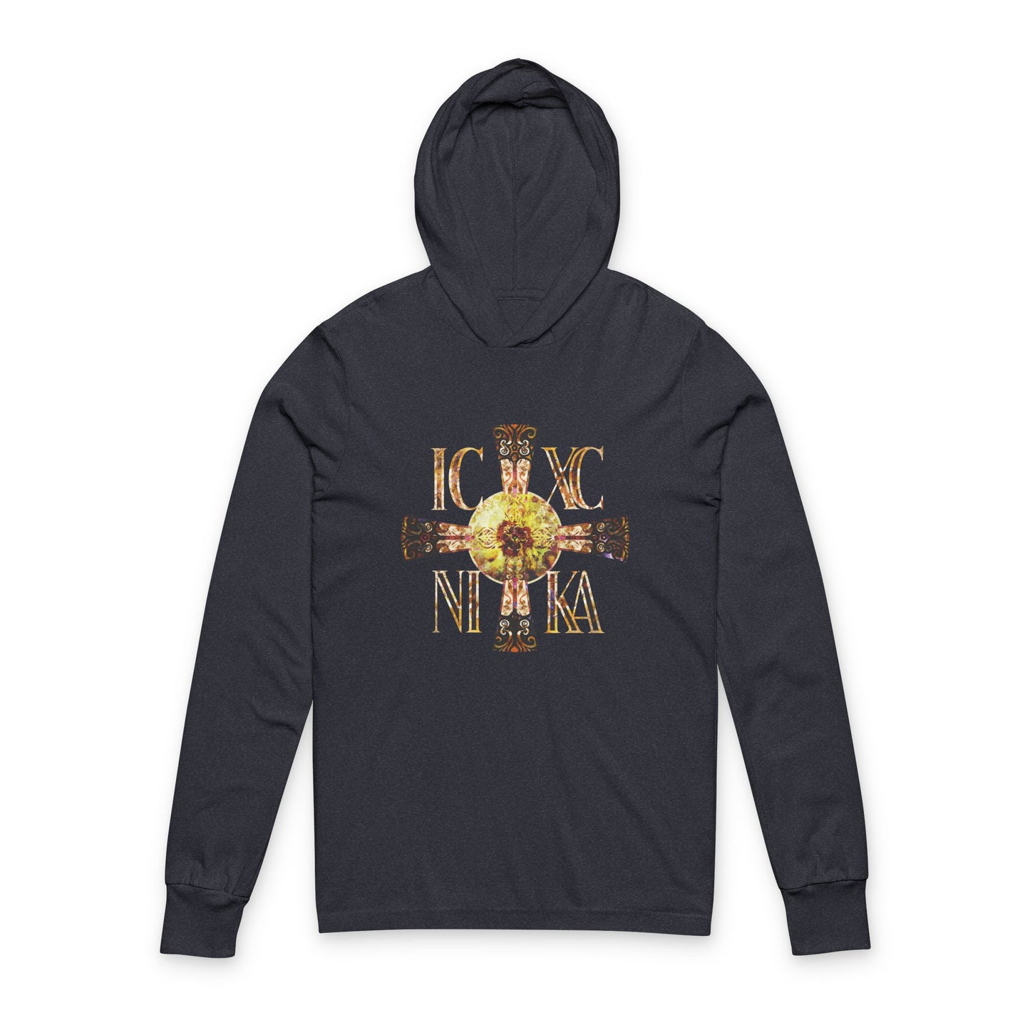 ICXC NIKA Celtic Style Equal Armed Cross | Bright Solar Texture | Orthodox Long Sleeve Hooded Shirt