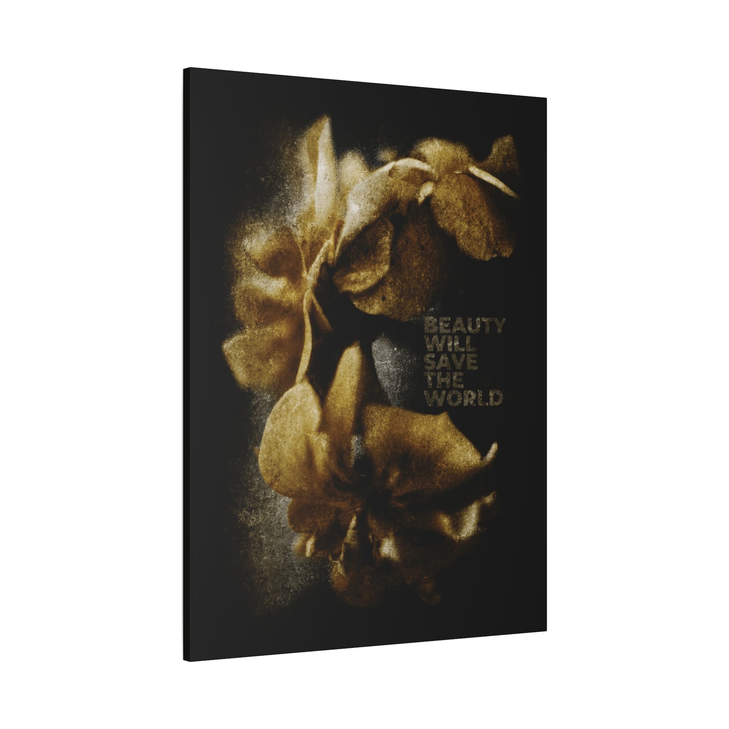 Beauty Will Save the World | Dostoevsky"—original photographic art of a golden flower wreath on black, glorifying Jesus Christ, Universal Creator & King. Christian wall decor with "BEAUTY WILL SAVE THE WORLD" in small letters.