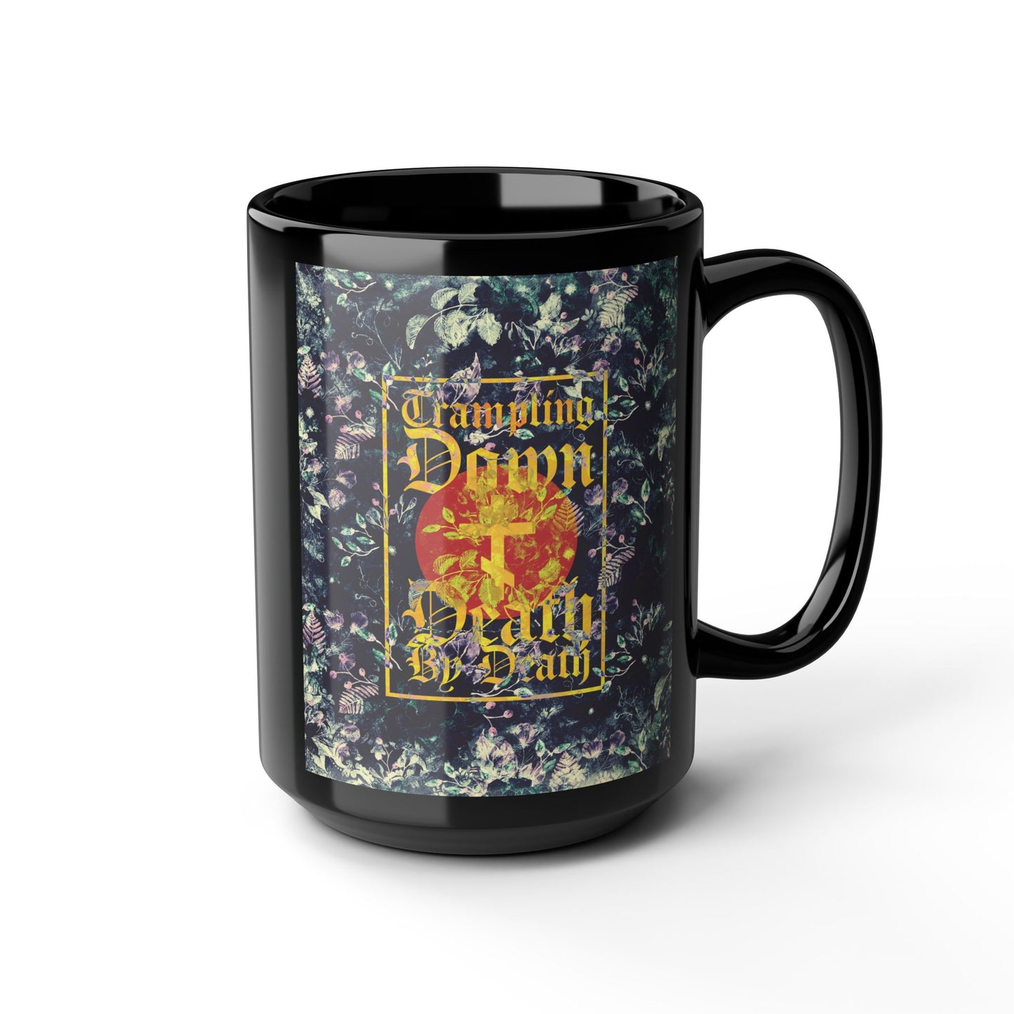 Trampling Down Death By Death | Paschal Floral Design with Gothic Script and Three-Bar Cross | Orthodox Christian Black Mug