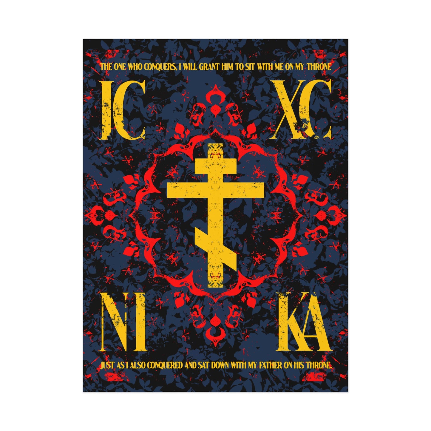 IC XC NIKA Orthodox Cross | Medieval Floral Design | The One Who Conquers (Revelation 3:21) | Orthodox Christian Art Poster