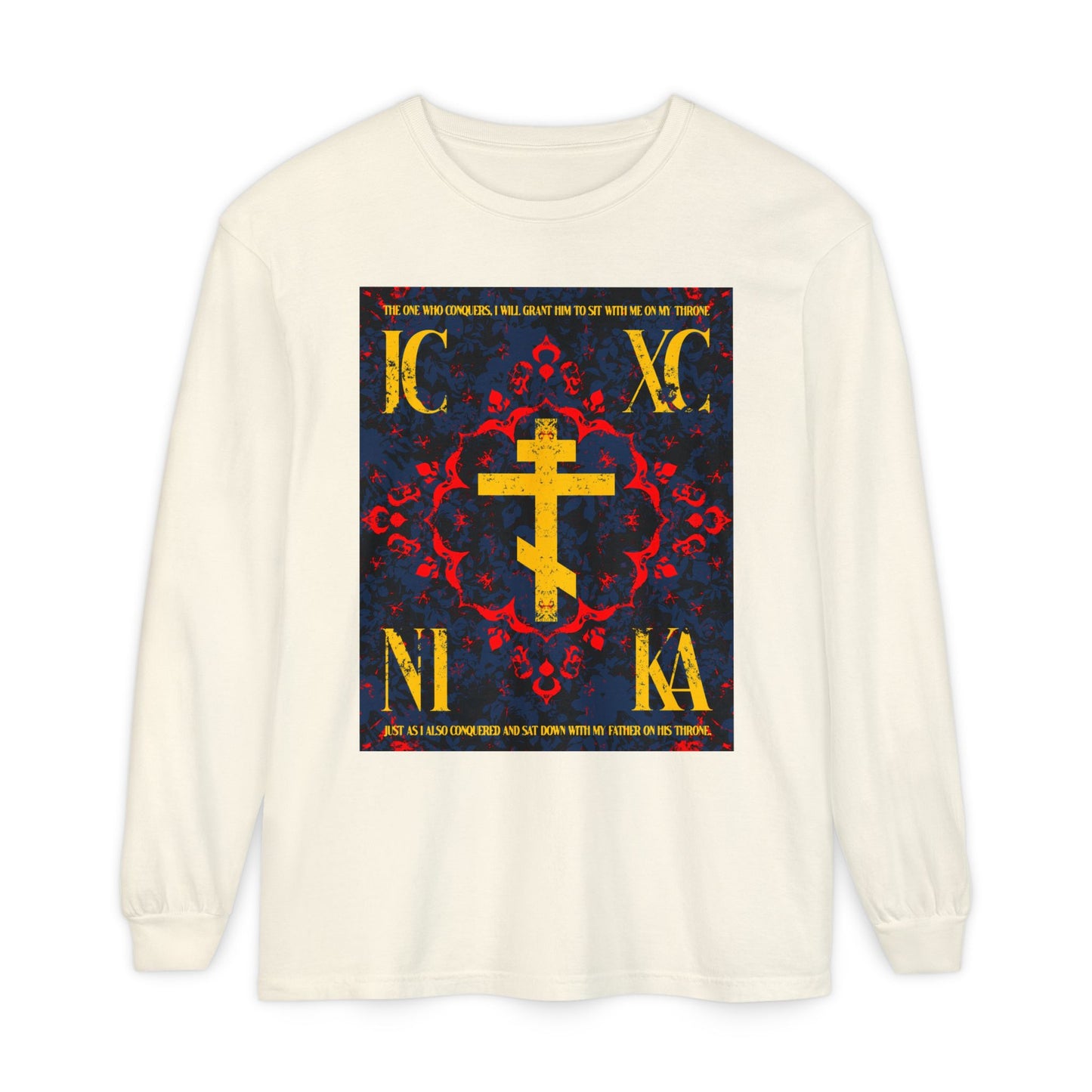 IC XC NIKA Orthodox Cross | Medieval Floral Design | The One Who Conquers (Revelation 3:21) | Orthodox Christian Long Sleeve Shirt
