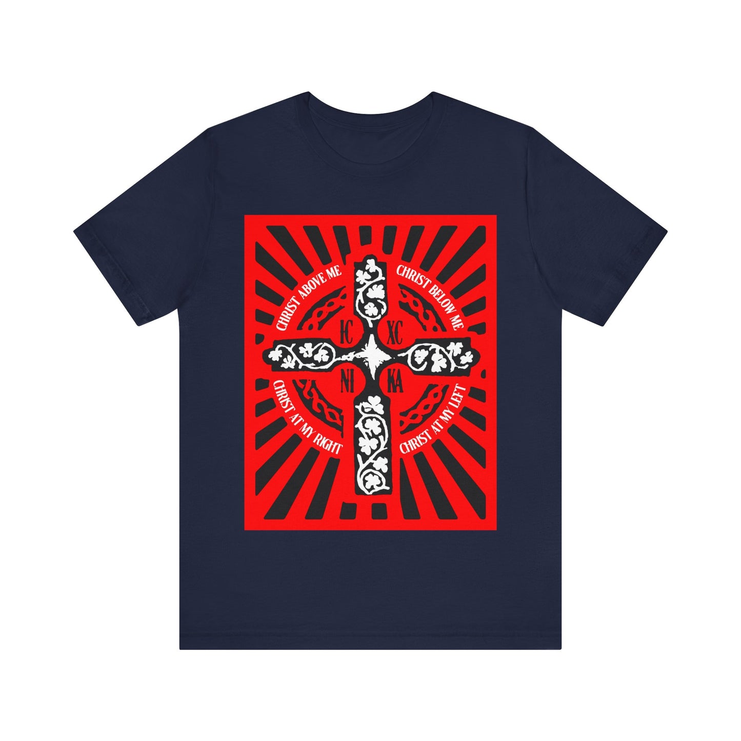 Red ICXC NIKA Enniskillen Celtic Cross | Lorica of St. Patrick | Shield Prayer | Orthodox Christian Cotton T-Shirt