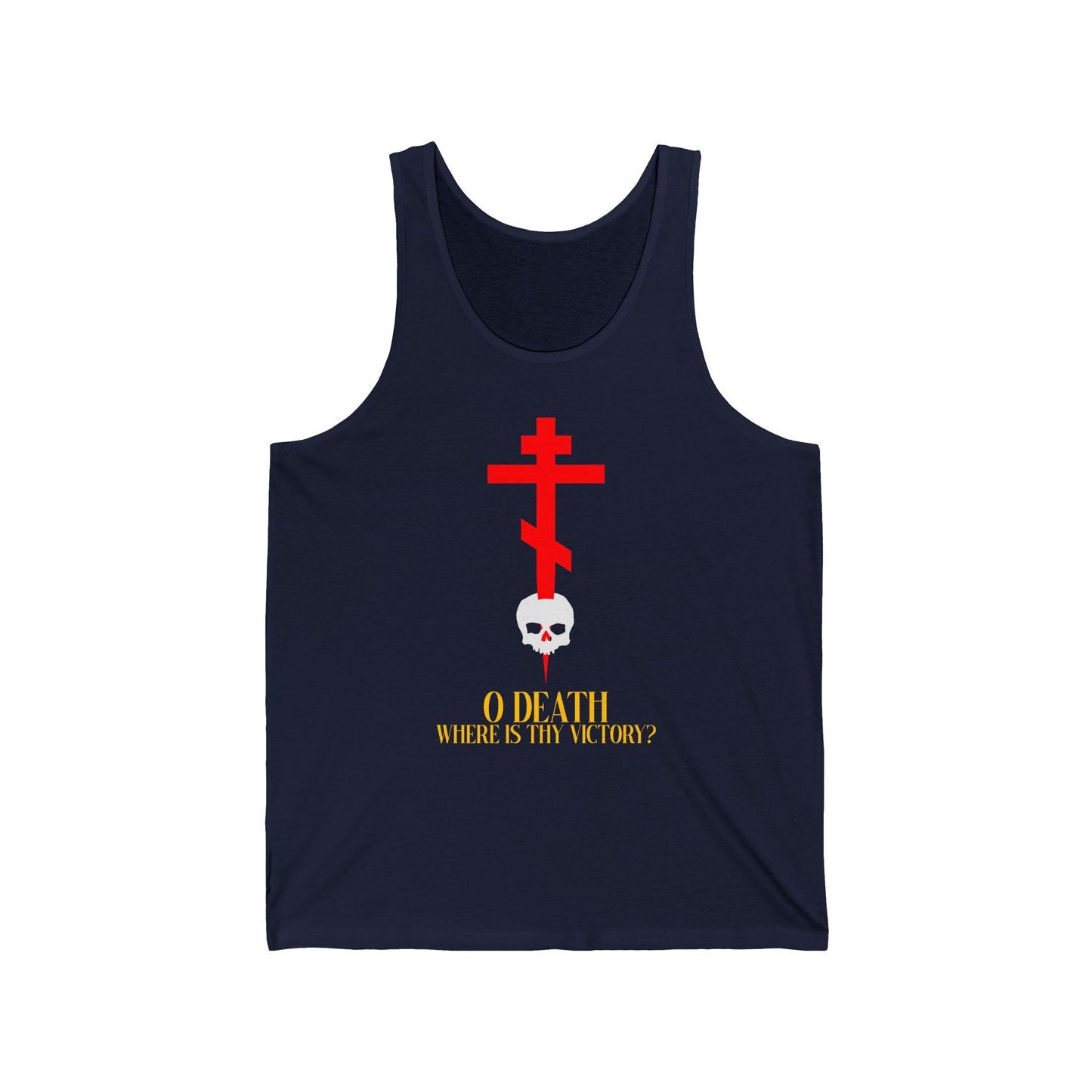 Navy Orthodox Christian tank top featuring a red cross stabbing a white skull and yellow "O Death Where is Thy Victory?" text (1 Corinthians 15:55). Jersey sleeveless design inspired by Resurrection hymns.