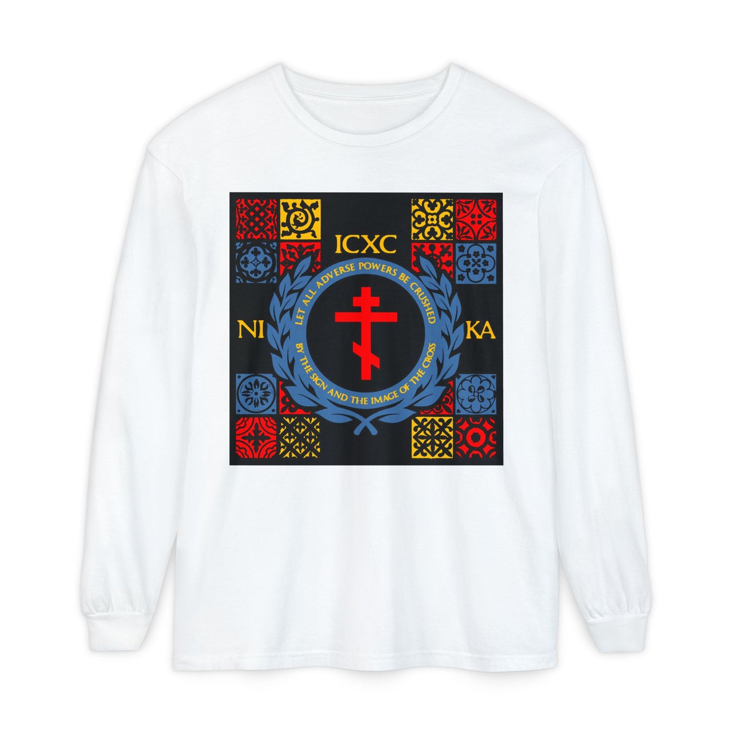 Let All Adverse Powers Be Crushed (Red, Yellow & Blue Design) | ICXC NIKA | Medieval Tile Design | Orthodox Christian Long Sleeve Shirt