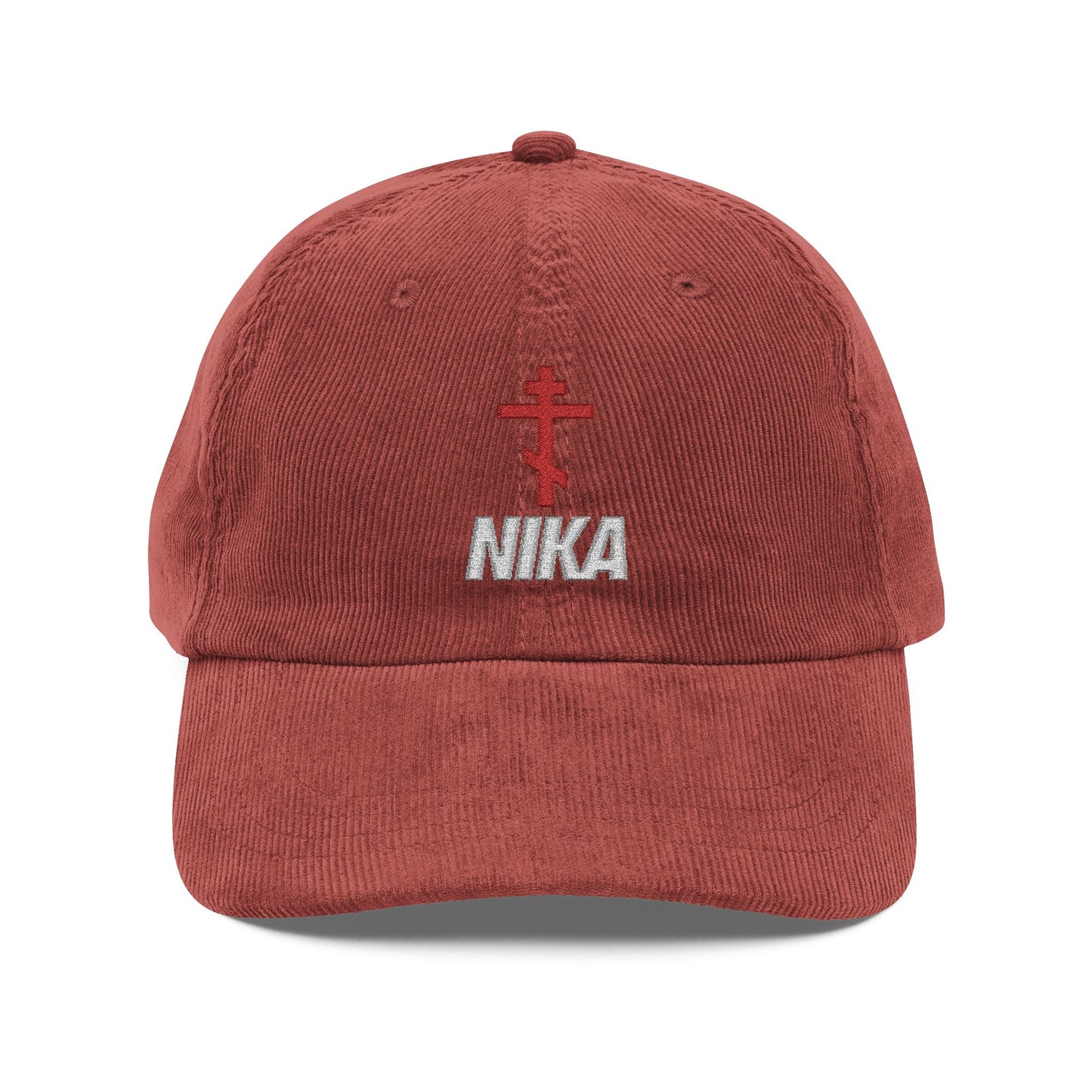 NIKA Red Russian Cross w/ White Text | NIKE Logo Mashup | Orthodox Christian Vintage Embroidered Corduroy Cap