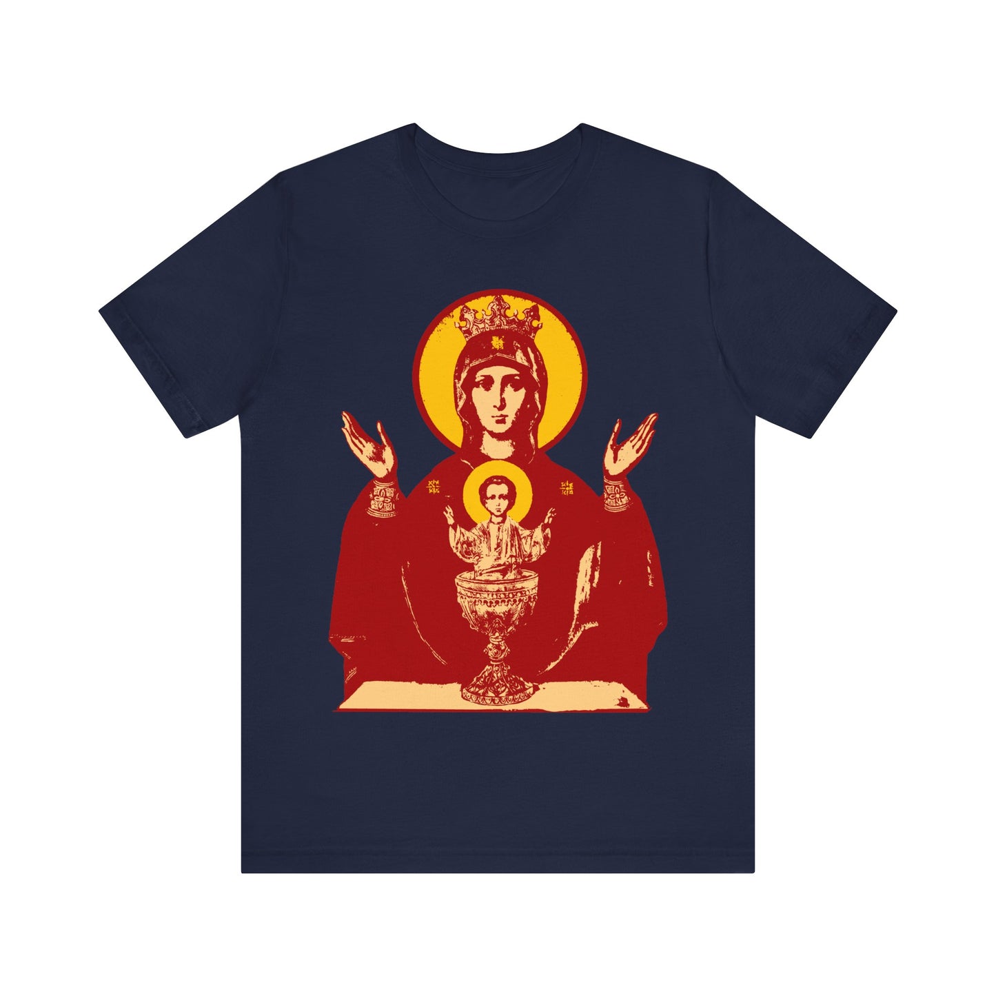 Navy Orthodox Christian T-shirt featuring the Inexhaustible Chalice icon, inspired by the Holy Theotokos—Deliverer from Addictions and Conqueror of Passions.