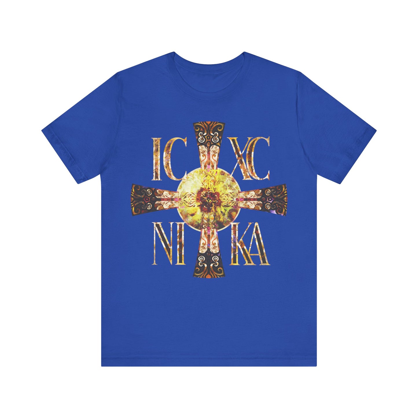 ICXC NIKA Celtic Style Equal Armed Cross | Bright Solar Texture | Orthodox Christian T-Shirt