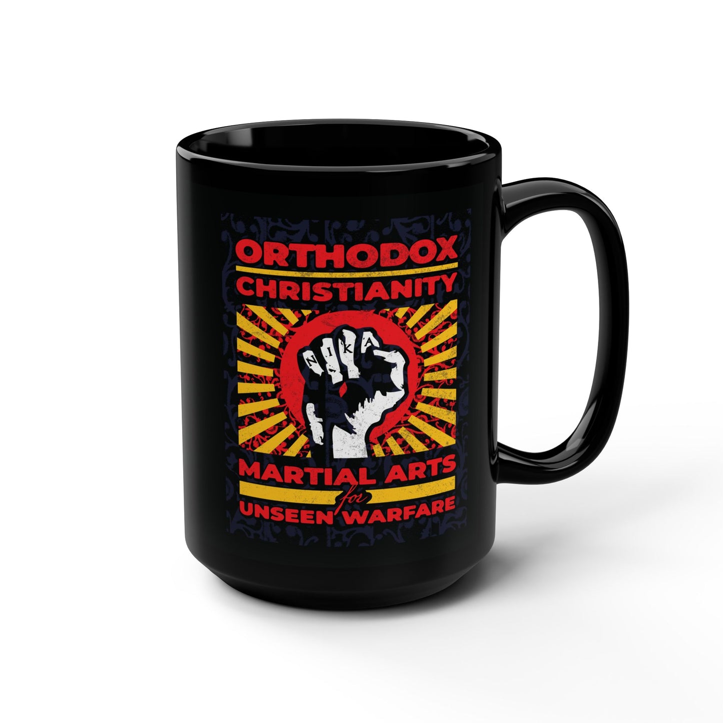 Orthodox Christianity: Martial Arts for Unseen Warfare | NIKA Jesus Fist on Colorful Sunburst Design | Orthodox Christian Black Mug