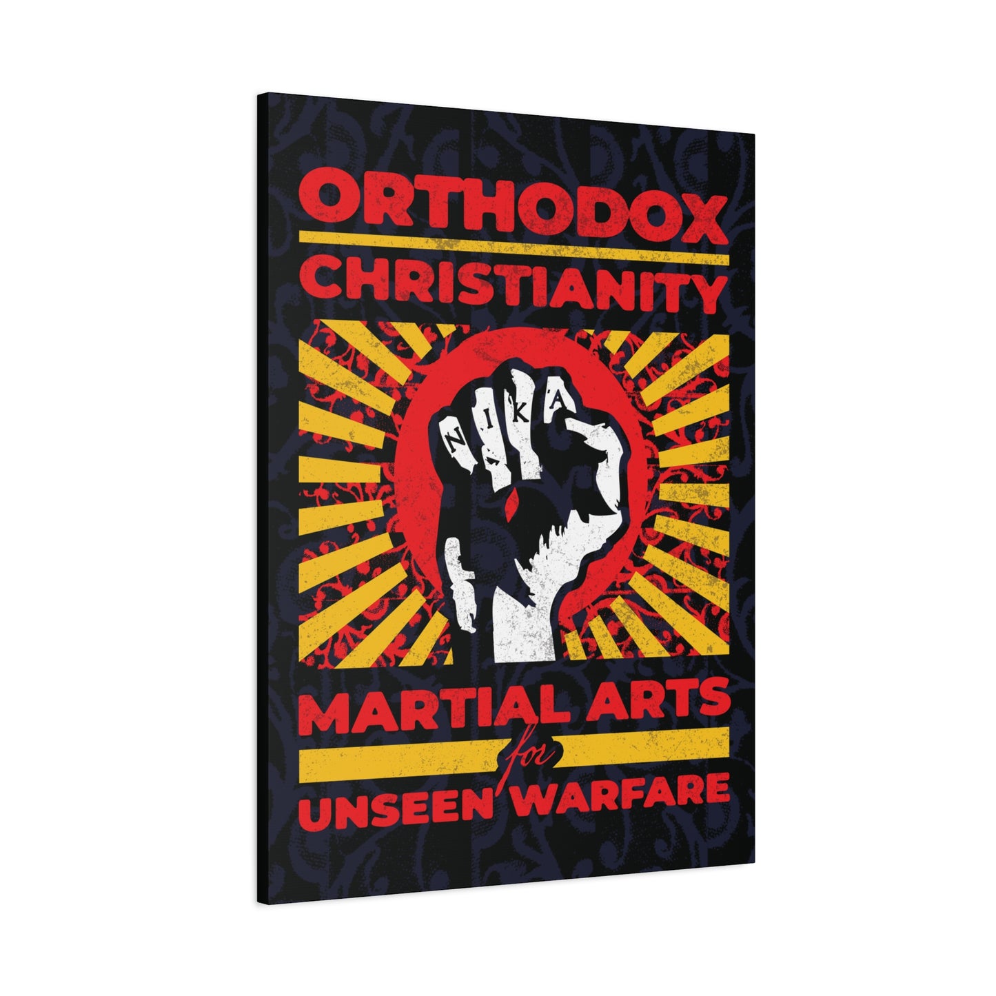 Orthodox Christianity: Martial Arts for Unseen Warfare | NIKA Jesus Fist on Colorful Sunburst Design | Orthodox Christian Canvas Art