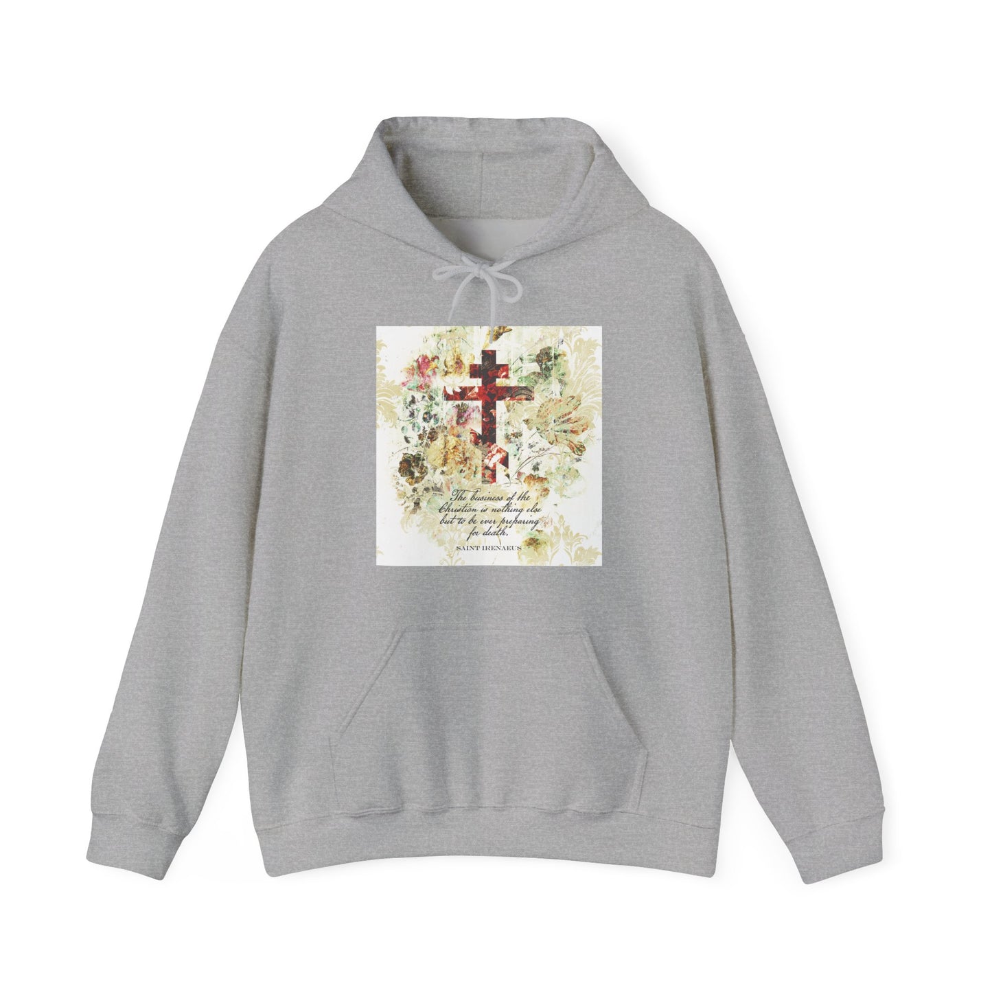 Preparing For Death | White & Beige Floral Scrapbook Texture Cross | Arts & Crafts Style | St Irenaeus | Orthodox Christian Hoodie
