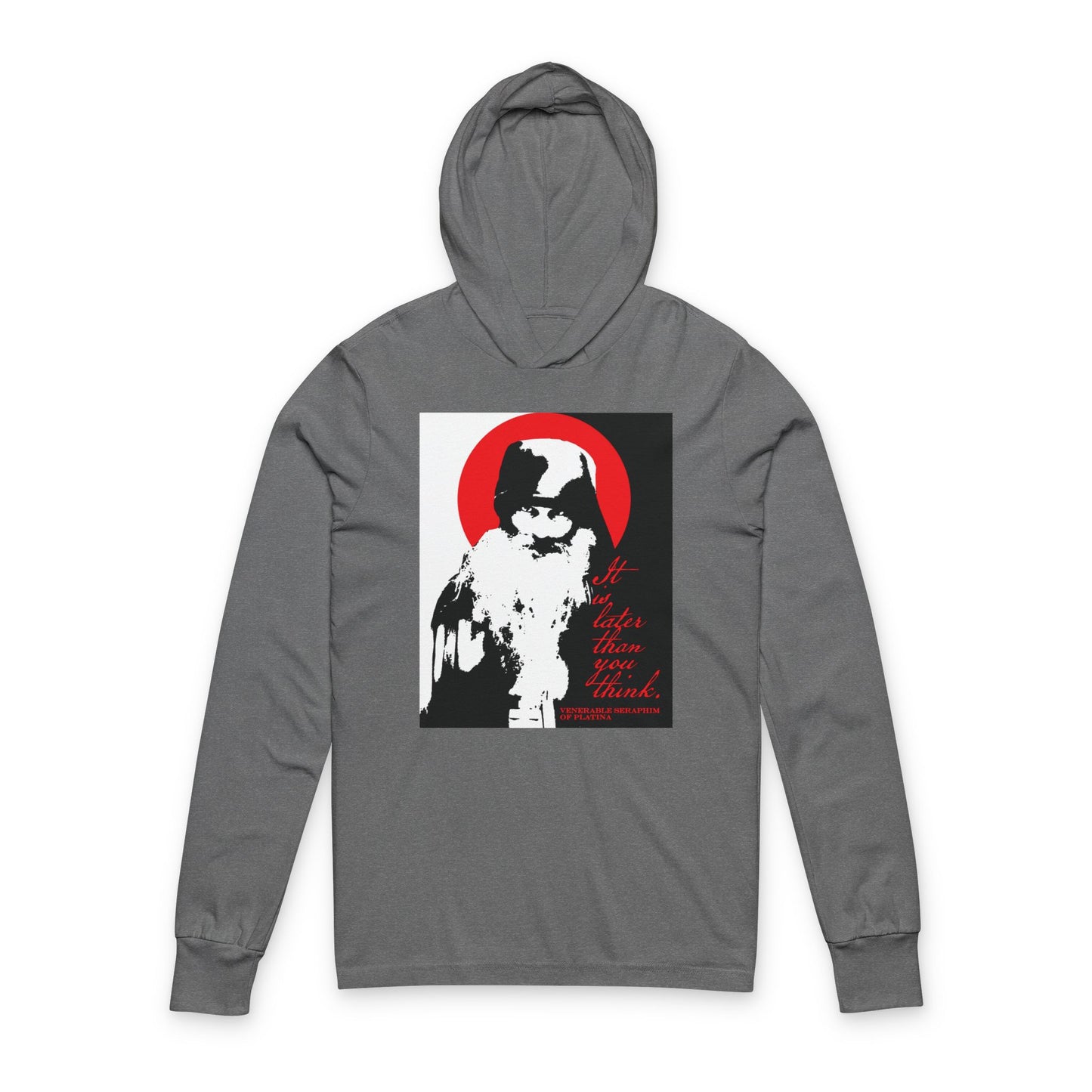 Remembrance of Death “It's Later Than You Think” hoodie features Fr Seraphim Rose in a bold black-and-white design with a red halo, inspired by Orthodox spirituality, plus red cursive text: “It’s deeper than you think.” on the front.