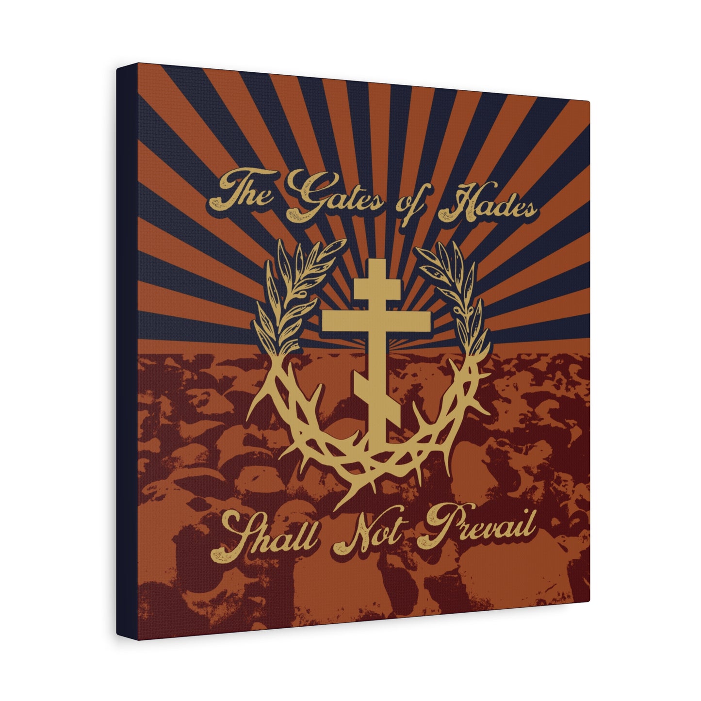 The Gates of Hades Shall Not Prevail | Cross with Wreath & Crown of Thorns | Skulls and Rays | Orthodox Christian Canvas Art