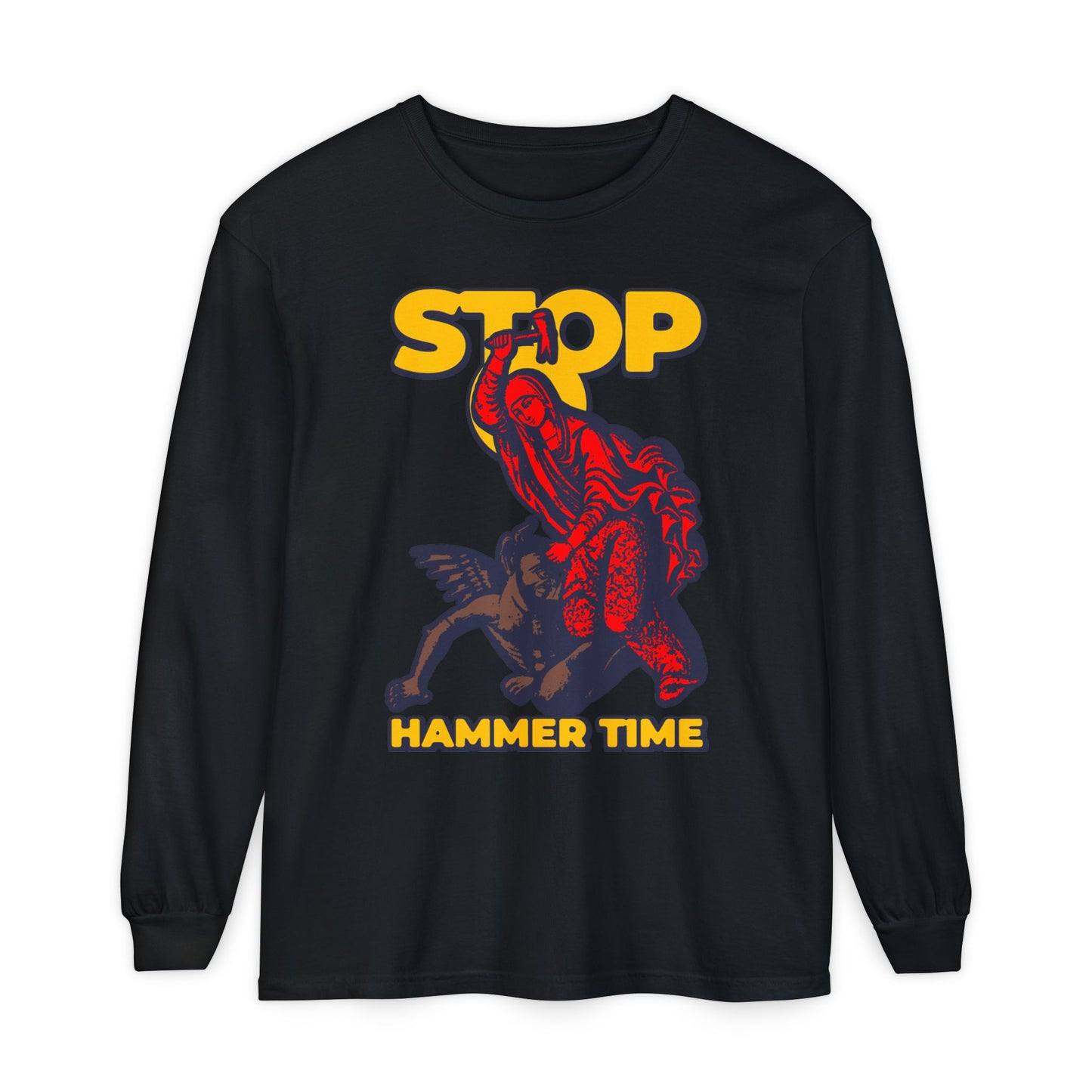 Bold black long-sleeve shirt, "St Marina of Antioch Beating the Devil with a Hammer | Stop, Hammer Time"—modern Orthodox meme in red, blue & yellow, inspired by legendary courage and Christian tales.