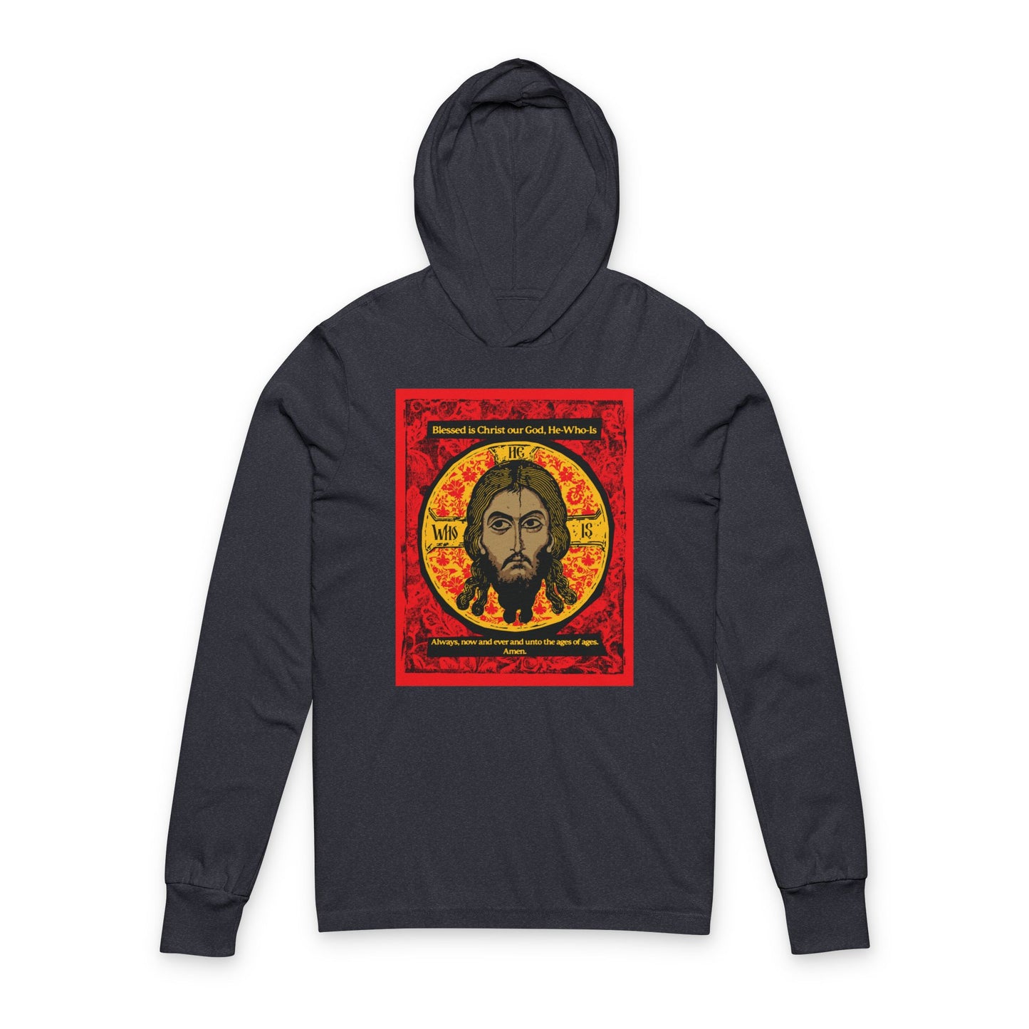 The Remembrance of Death "Made Without Hands" Orthodox Hooded Shirt features a vivid Byzantine-style icon of Jesus (Mandylion) in red, black, and yellow, with Greek letters and ornate details, centered on a black hoodie.