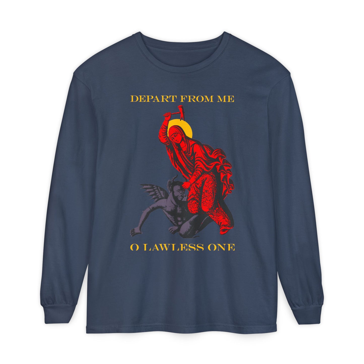 St Marina IconoGraphic (Depart from Me O Lawless One) | Saint Beating the Devil with a Hammer | Orthodox Christian Cotton Long Sleeve Shirt