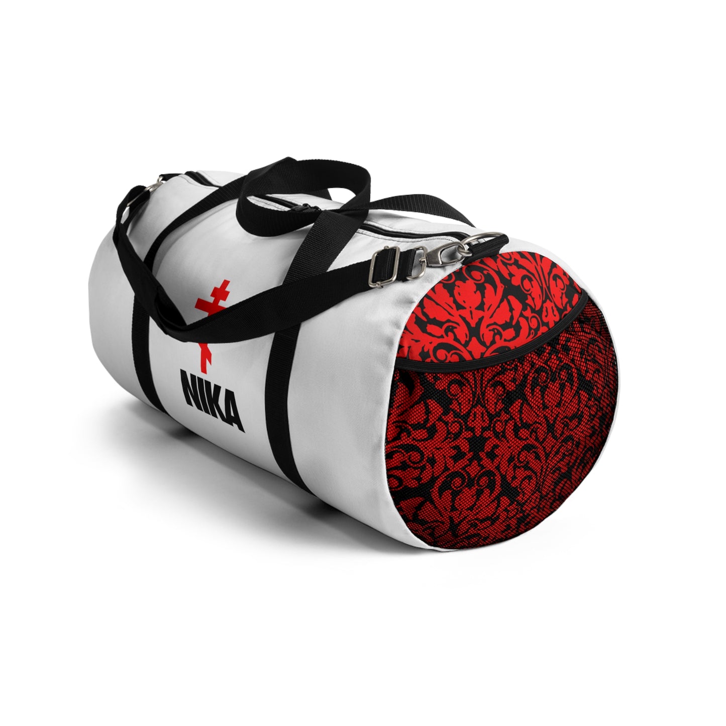 NIKA Red Orthodox Cross | White Bag | NIKE Logo Mashup | Minimalist Corporate Sports Logo Aesthetic | Orthodox Christian Gym Duffel Bag