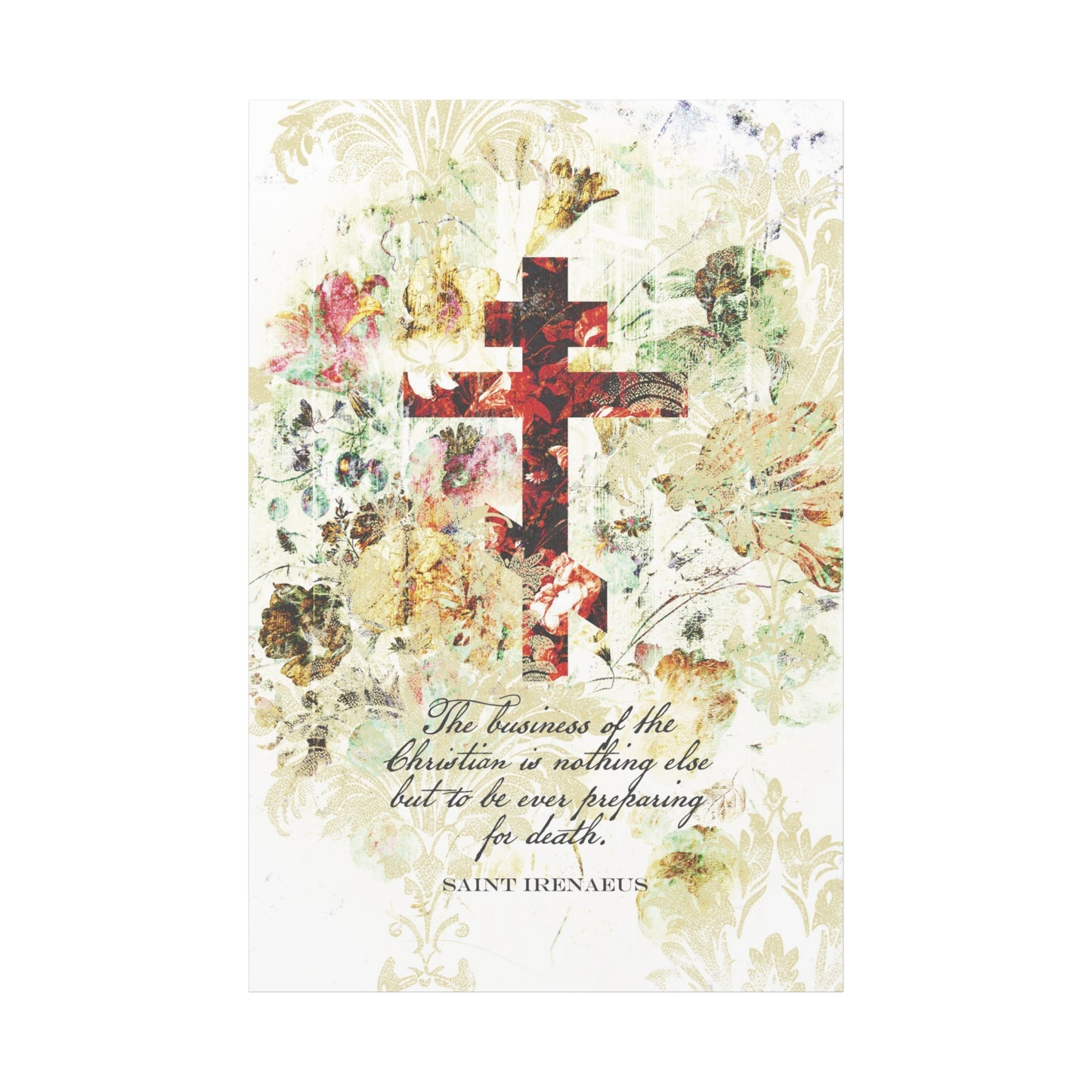 Preparing For Death | White & Beige Floral Scrapbook Texture Cross | Arts & Crafts Style | St Irenaeus | Orthodox Christian Canvas Art