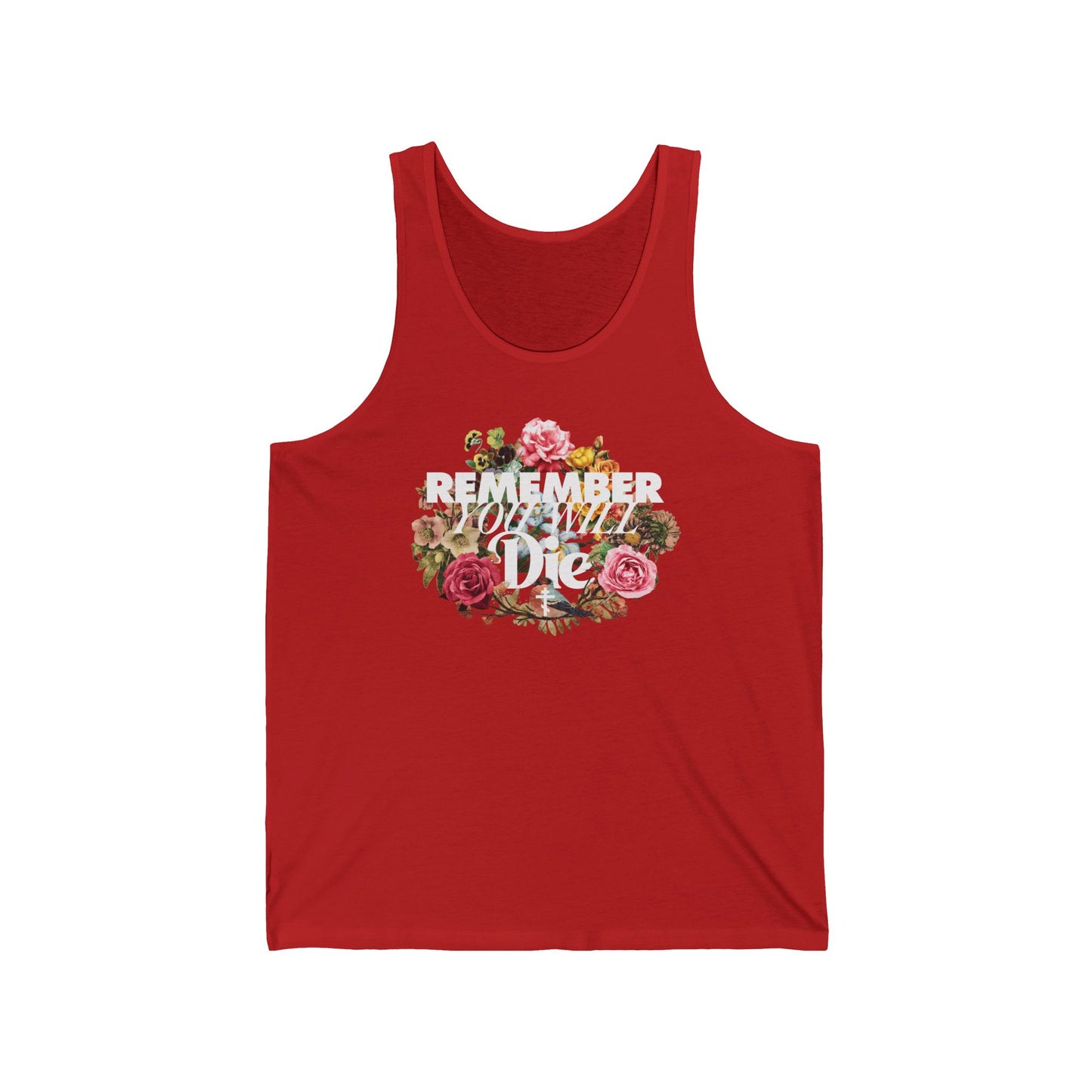 Red "Remember You Will Die" tank top featuring classic typography and a floral wreath cross design on the front—an Orthodox Christian memento mori inspired by St. Ignatius Brianchaninov’s teachings.