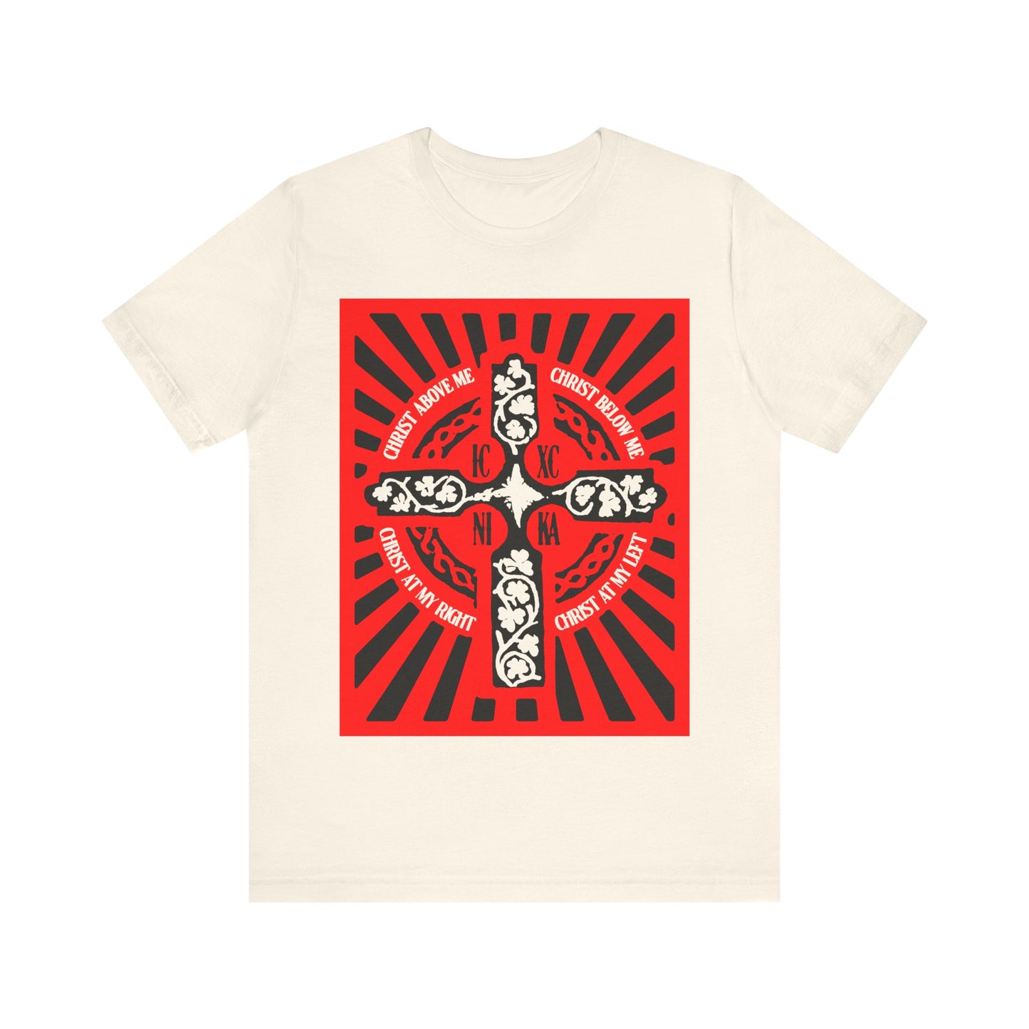 Red ICXC NIKA Enniskillen Celtic Cross | Lorica of St. Patrick | Shield Prayer | Orthodox Christian Cotton T-Shirt