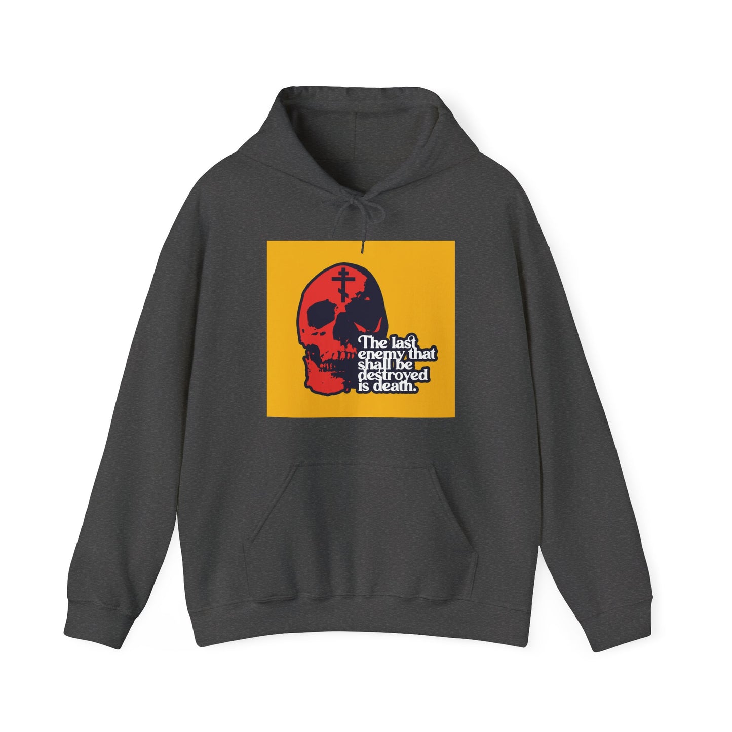 The Last Enemy That Shall Be Destroyed  (1 Corinthians 15:26) | Red Skull on Yellow Background | 70s Typography | Orthodox Christian Hoodie