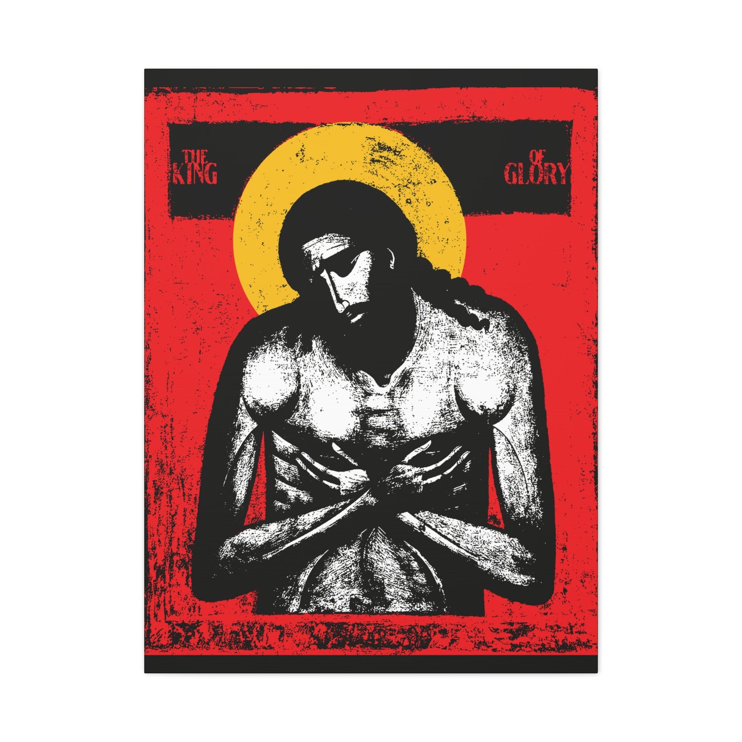 The King of Glory Jesus Christ "Extreme Humility" IconoGraphic—Christian devotional wall art in red, yellow, white, and black featuring a stylized Jesus with halo, arms crossed, and Bible-inspired themes.