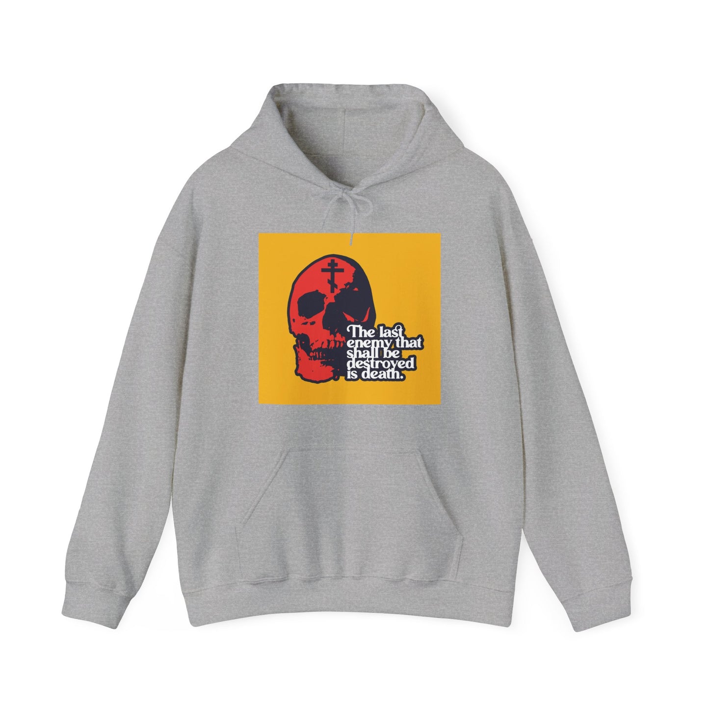 The Last Enemy That Shall Be Destroyed  (1 Corinthians 15:26) | Red Skull on Yellow Background | 70s Typography | Orthodox Christian Hoodie