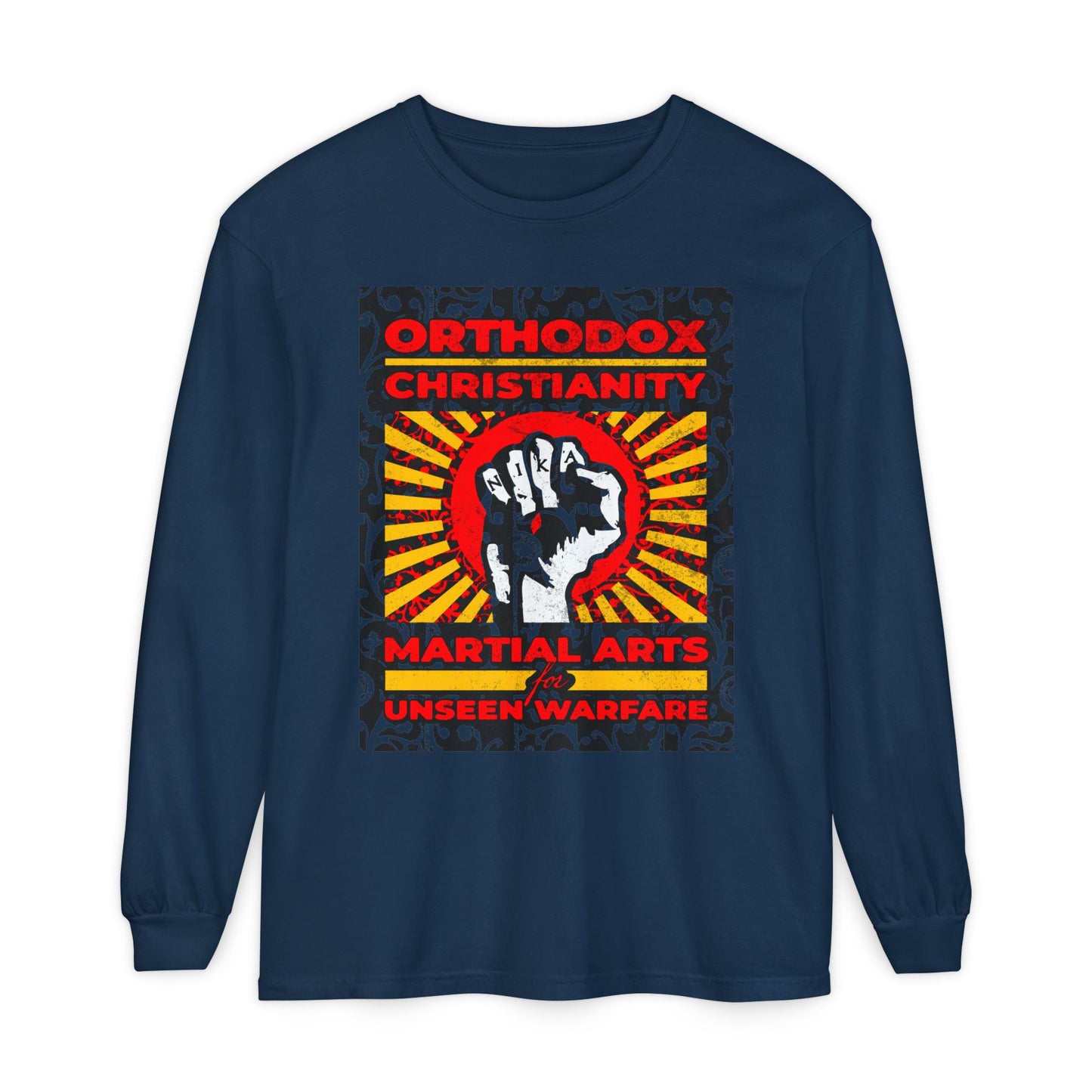 Orthodox Christianity: Martial Arts for Unseen Warfare | NIKA Jesus Fist on Colorful Sunburst Design | Orthodox Christian Long Sleeve Shirt