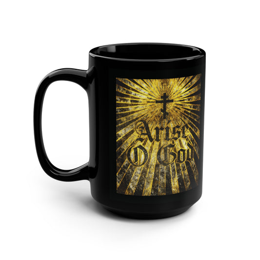 Black mug featuring "Arise O God" in textured gothic font, Orthodox cross, and golden rays—a nod to Psalm 81 (82 LXX) and the Divine Council worldview. Inspired by Orthodox tradition and Fr. Stephen De Young's insights.