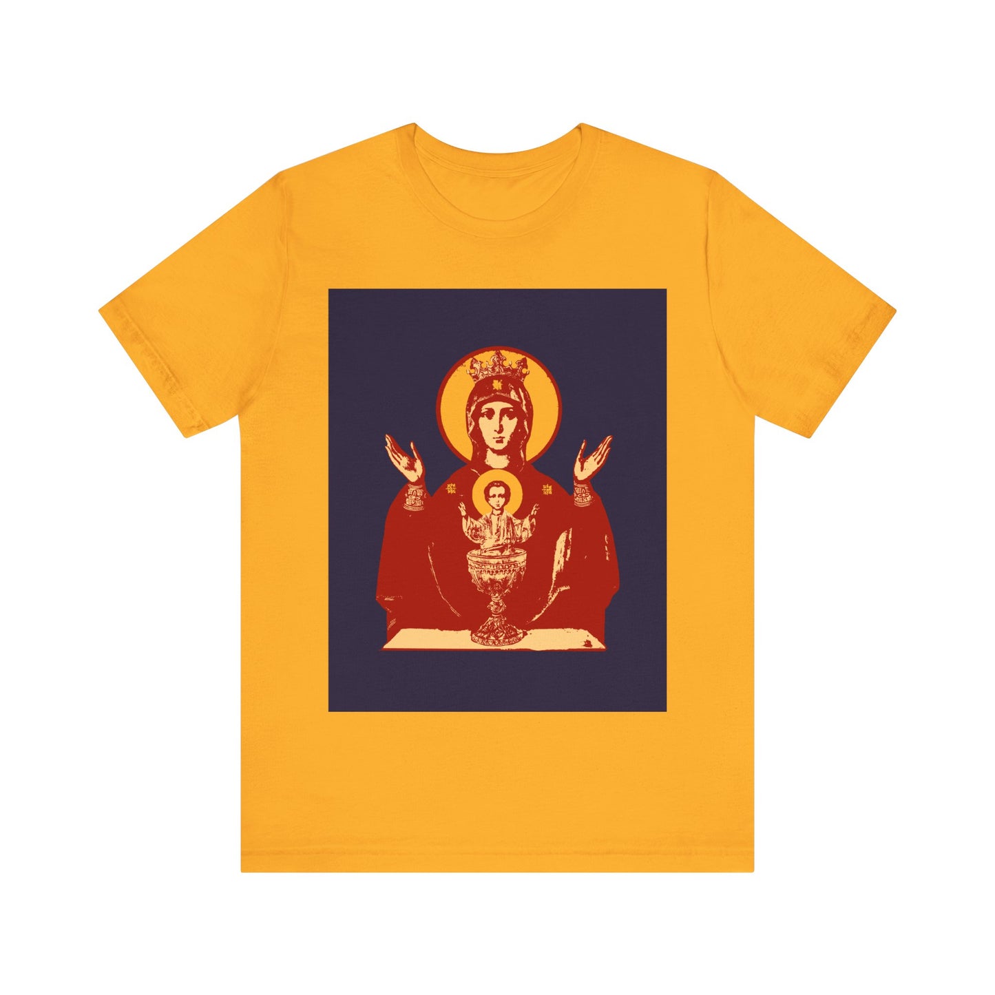 Gold t-shirt with a red and gold icon of the Holy Theotokos, "Inexhaustible Chalice," Deliverer from Addictions, for Orthodox Christians.