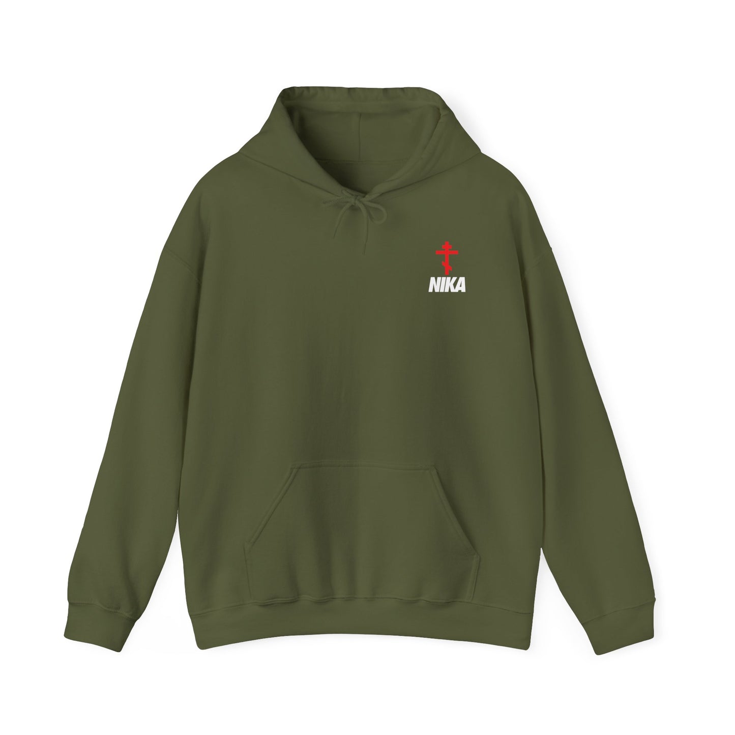 NIKA Red Russian Cross White Text (Small Design) | NIKE Logo Mashup | Minimalist Corporate Sports Logo Aesthetic | Orthodox Christian Hoodie / Hooded Sweatshirt-Military Green-S-Remembrance of Death