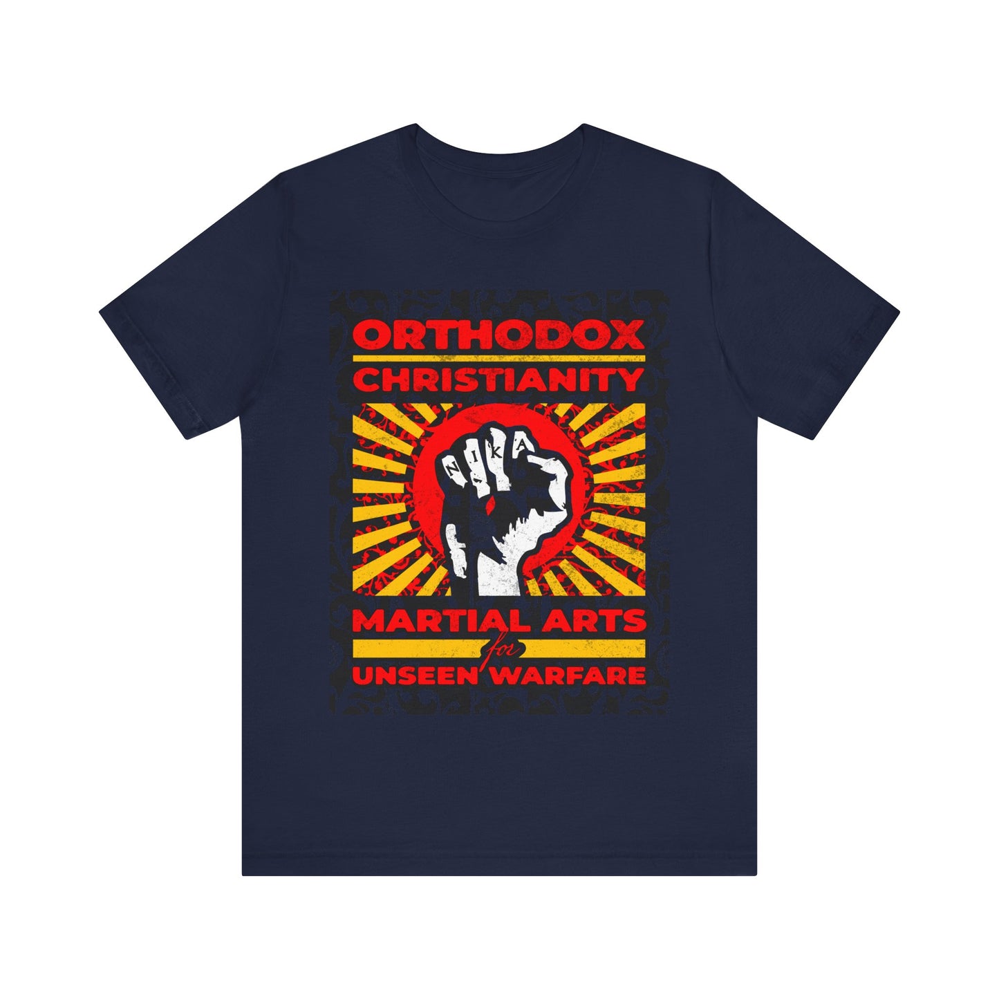 Orthodox Christianity: Martial Arts for Unseen Warfare | NIKA Jesus Fist on Colorful Sunburst Design | Orthodox Christian T-Shirt