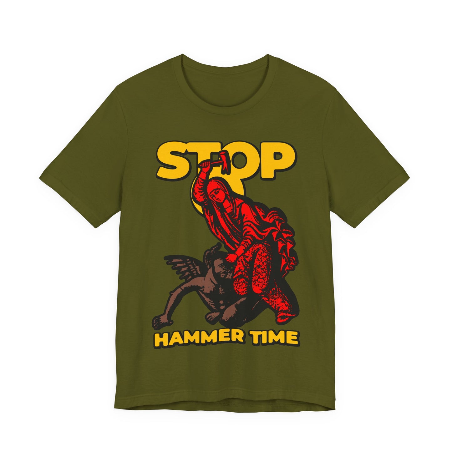Olive green unisex tee featuring St. Marina of Antioch beating the devil with a hammer, "Stop, Hammer Time" text, and bold red, blue, and yellow design—modern Orthodox meme inspired by saintly legend.
